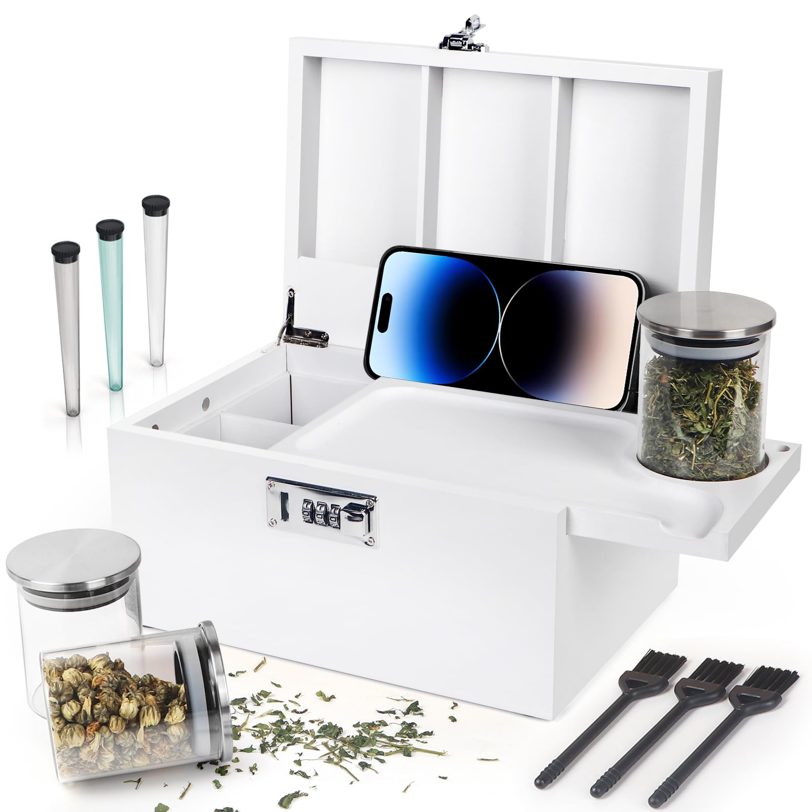 Large White Bamboo Box with Combination Lock, Decorative Storage Box with Removable Tray & Detachable Compartment, Wooden Boxes 