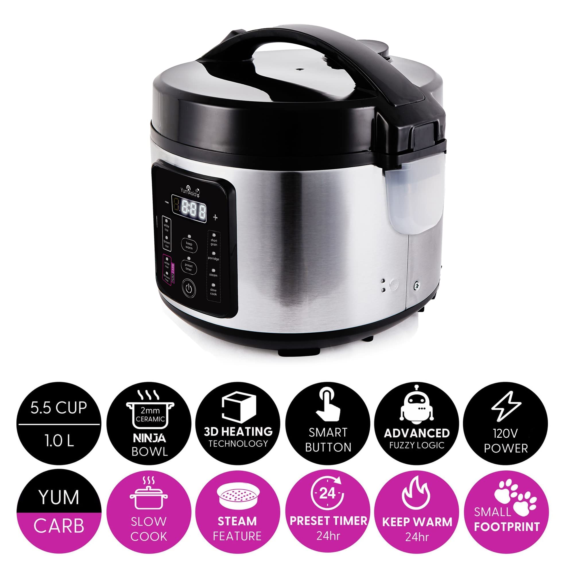 Yum Asia Kumo Rice Cooker, 5.5 Cups, Light Stainless Steel, Advanced Fuzzy Logic, Model YUM-EY10LUS, 5 Cooking Functions