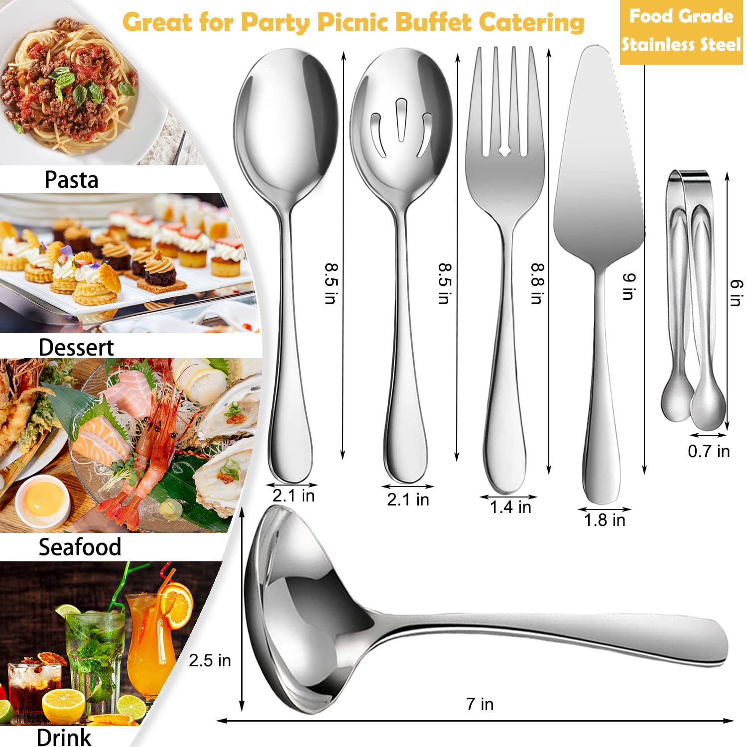 Iaxsee 6 Pcs Stainless Steel Serving Utensils, Large Serving Spoons Slotted Spoons, Forks, Ice Suger Tongs, Cake Server, Soup La