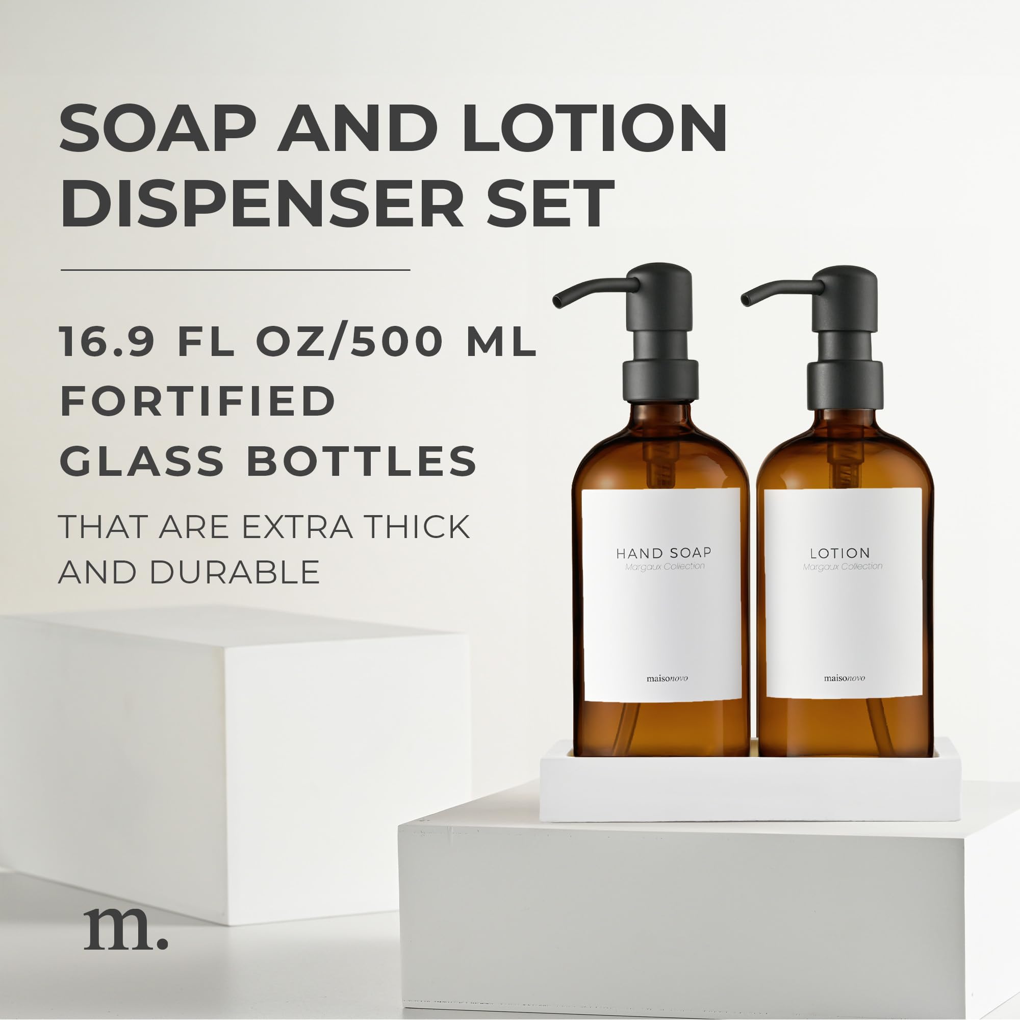 MaisoNovo Glass Soap Dispenser with Pump | Bathroom and Kitchen Vintage Dispenser Set with Dish Soap  Hand Soap  Lotion Waterproof Labels | Amber Bottles Black Pumps - Set of 2