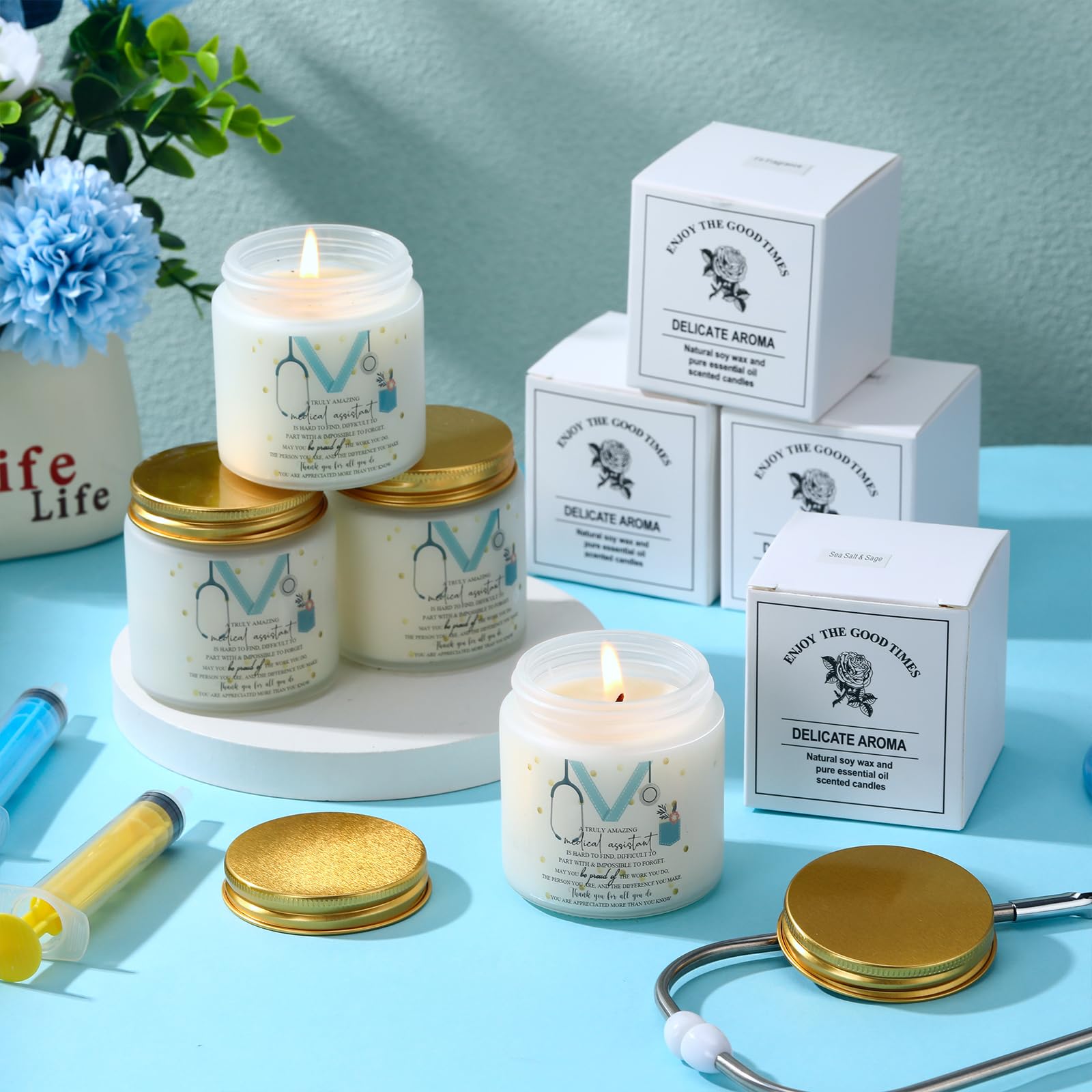 Nuanchu 4 Pcs Medical Assistant Gifts Soy Scented Candles Bulk Aromatherapy Jar 3.5 oz Soy Wax 4 Styles Scented Candles Presents
