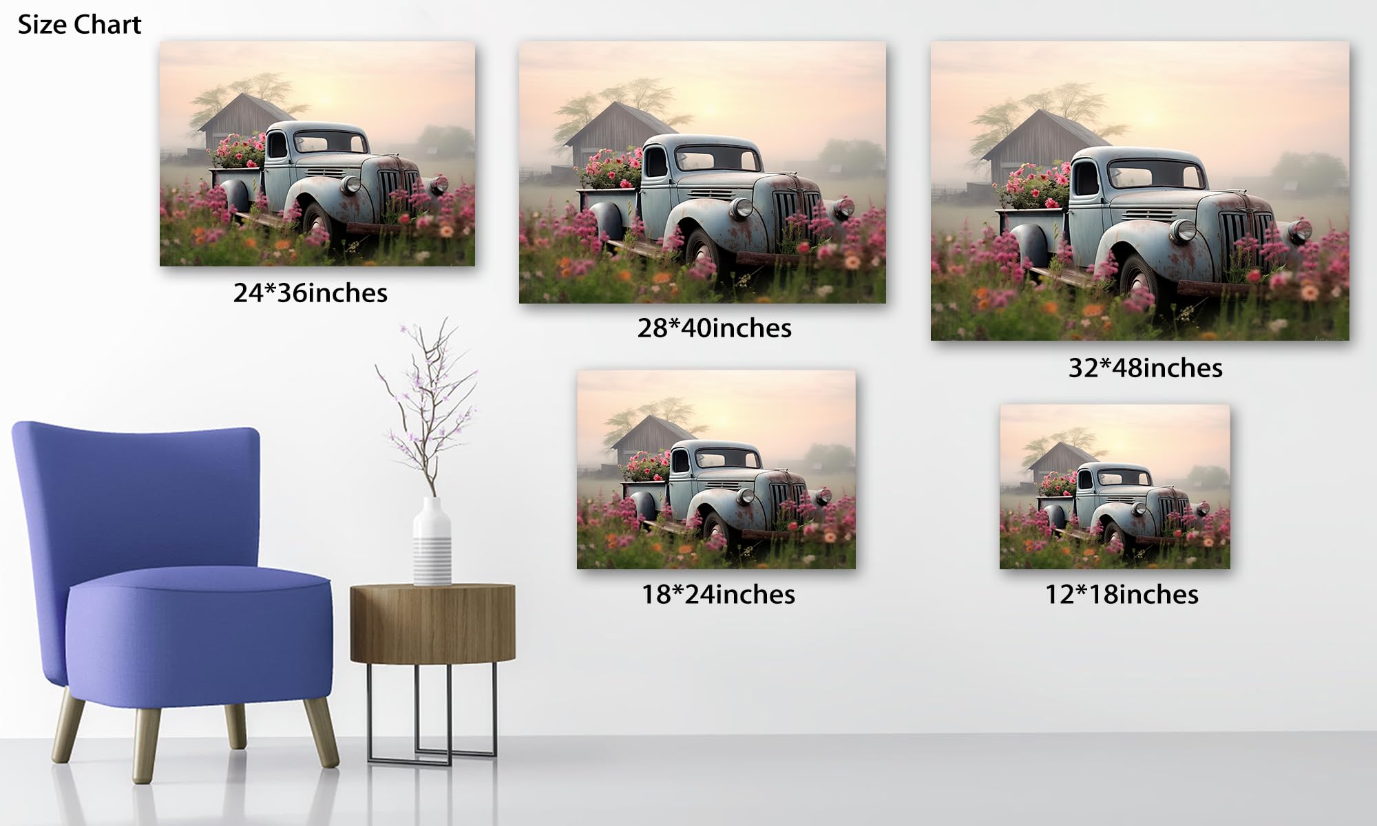 Farmhouse Old Truck Canvas Wall Art, Old Barn Pictures Wall Art, Country Antique Pickup Truck Canvas Prints, Blue Truck With Red