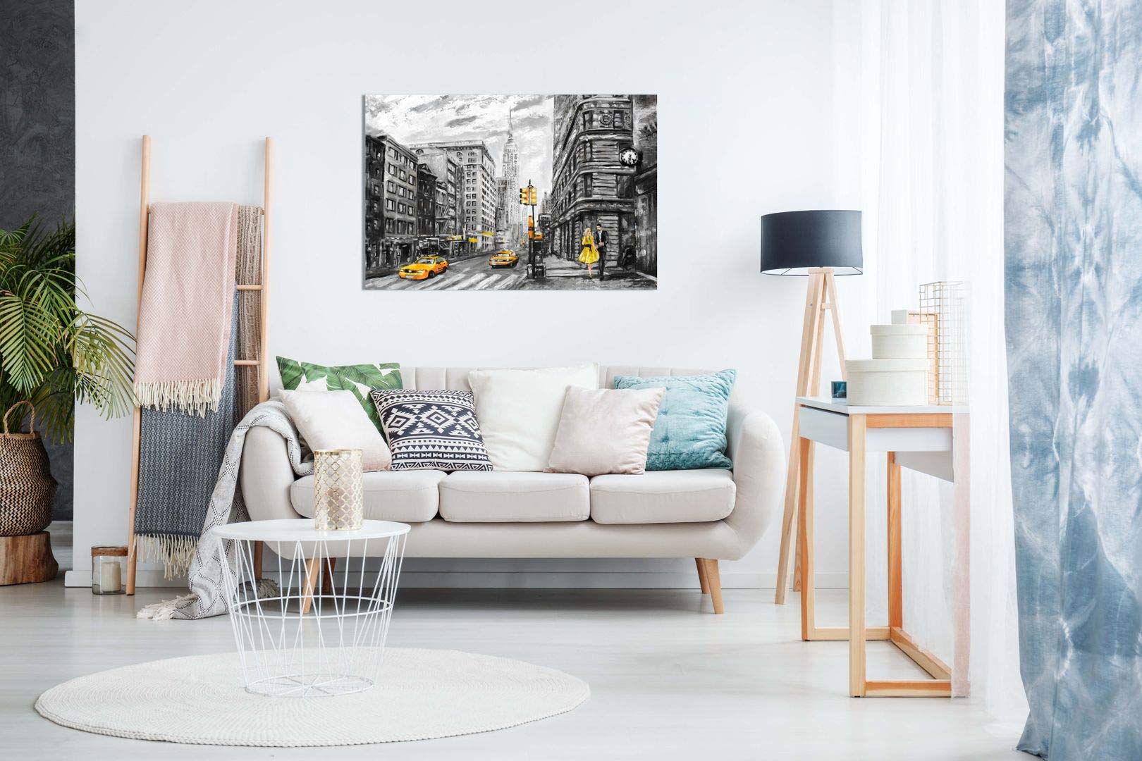Black White Yellow New York City Oil Painting Canvas Wall Art Picture Print (30X20In)
