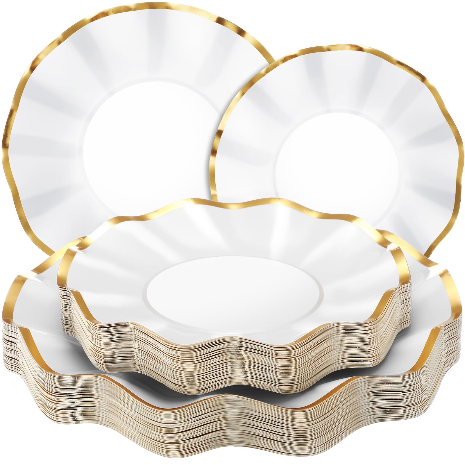 Havawish 100 Pcs Scalloped White Paper Plates with Gold Rim 10 Inch and 8 Inch Party Dessert Plates Disposable White Wedding Pap