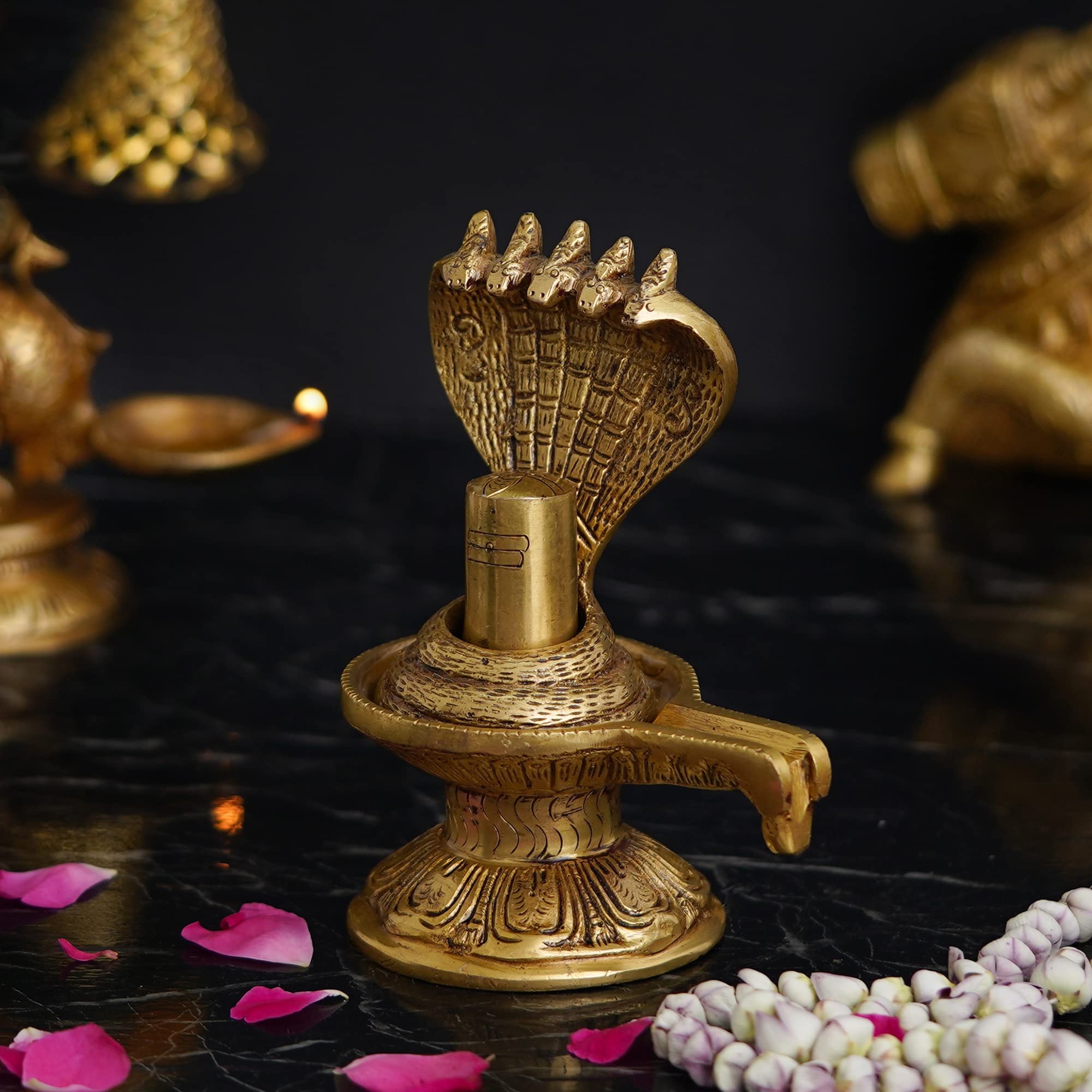 Ecraftindia Golden Decorative Handcrafted Shivling With Naag Devta Brass Showpiece