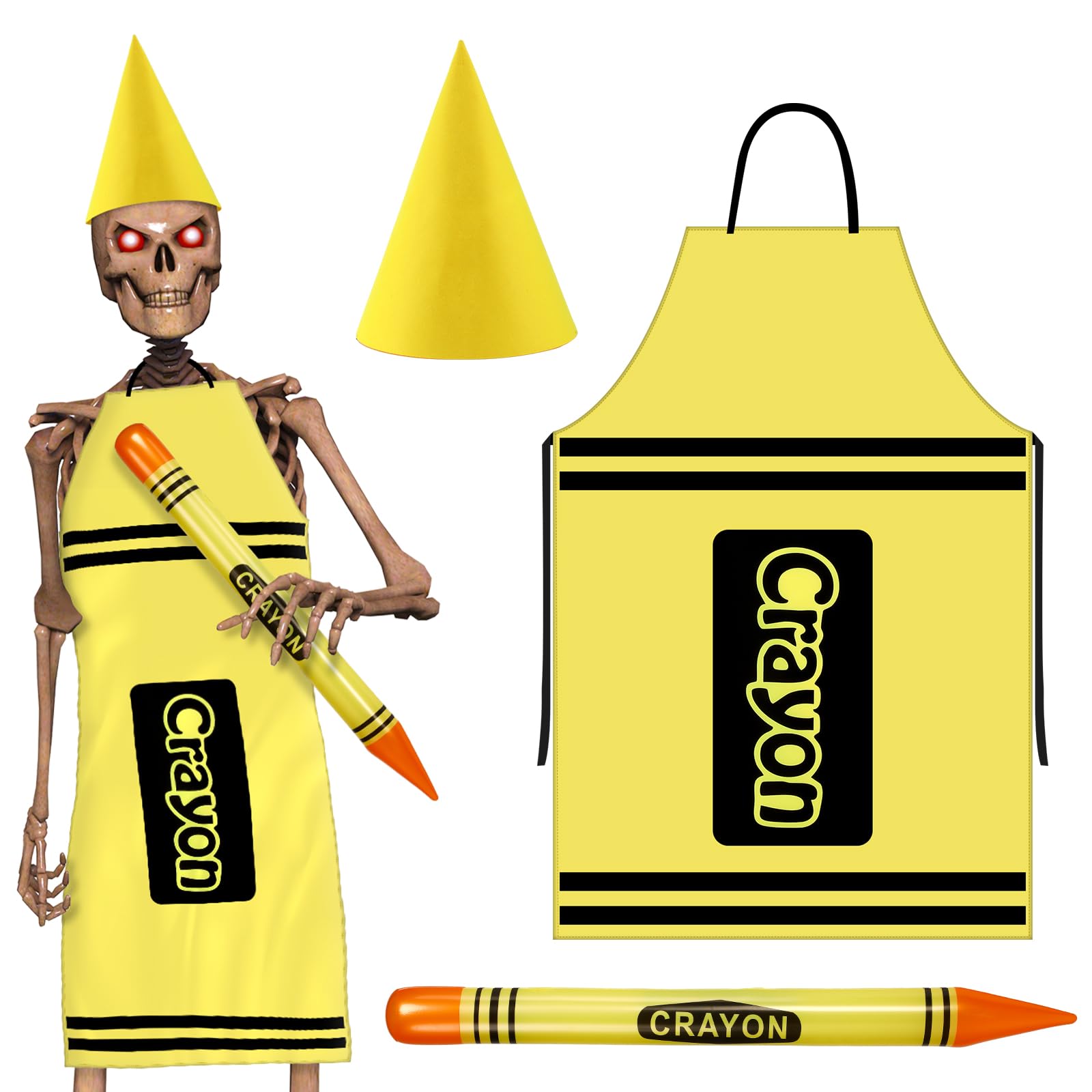 MiniInflat 3 Pcs 12 ft Skeleton Accessories Skeleton Crayon Apron, Hat and Large Inflatable Crayon Balloon Outfit Set Giant Size