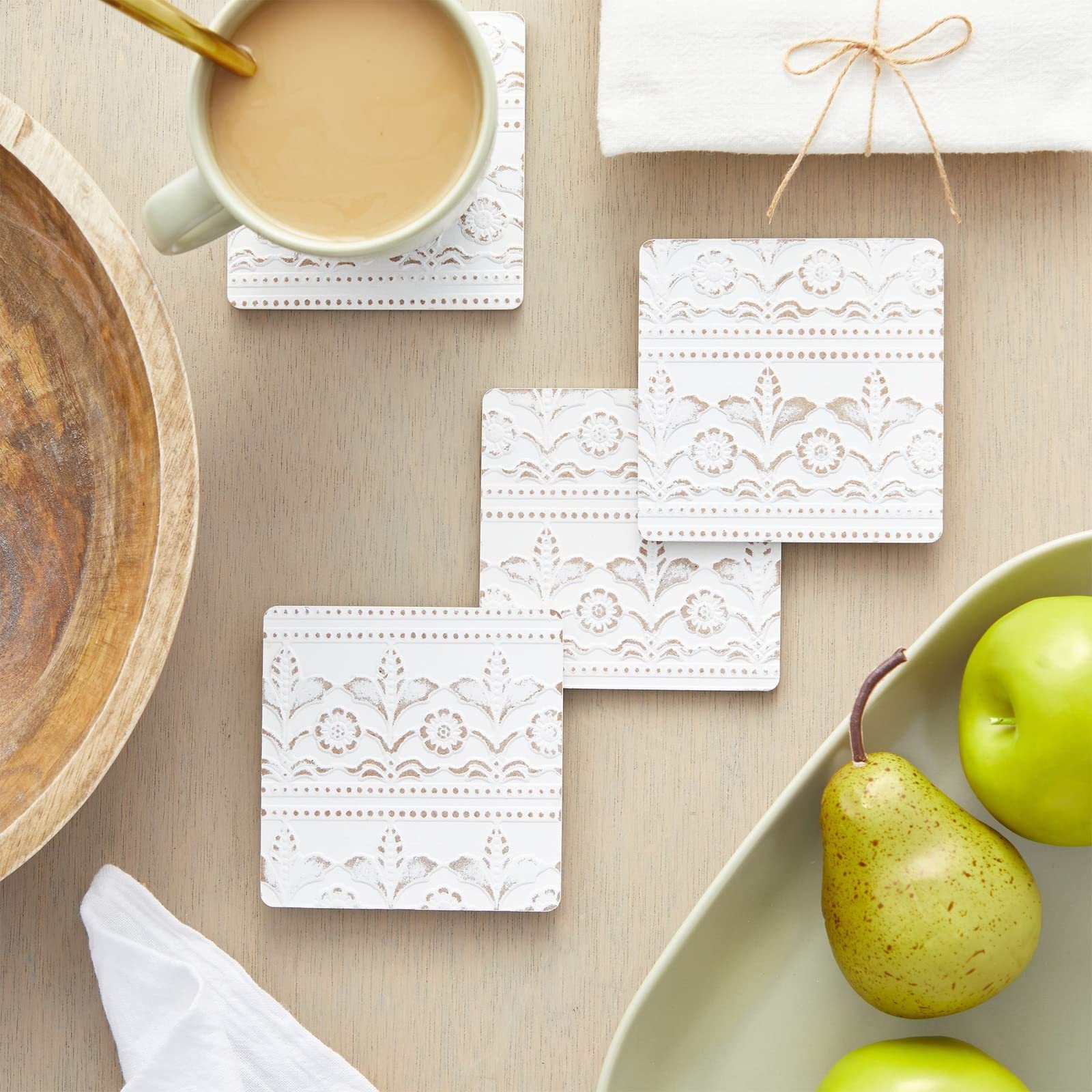 Set of 6 White Wooden Coasters with Holder for Drinks  Coffee Table  and Floral Farmhouse Decor (3.8 Inches)