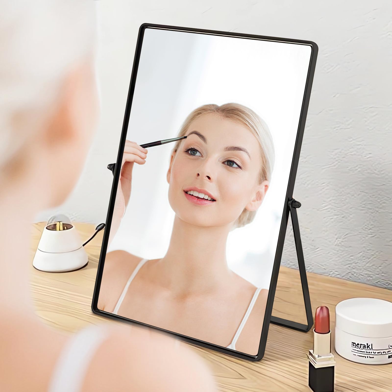 Numjeg Desktop Makeup Mirror With Black Metal Standing 90 Rotation Vanity Table Mirror Portable Cosmetic Mirror For Dressing Roo