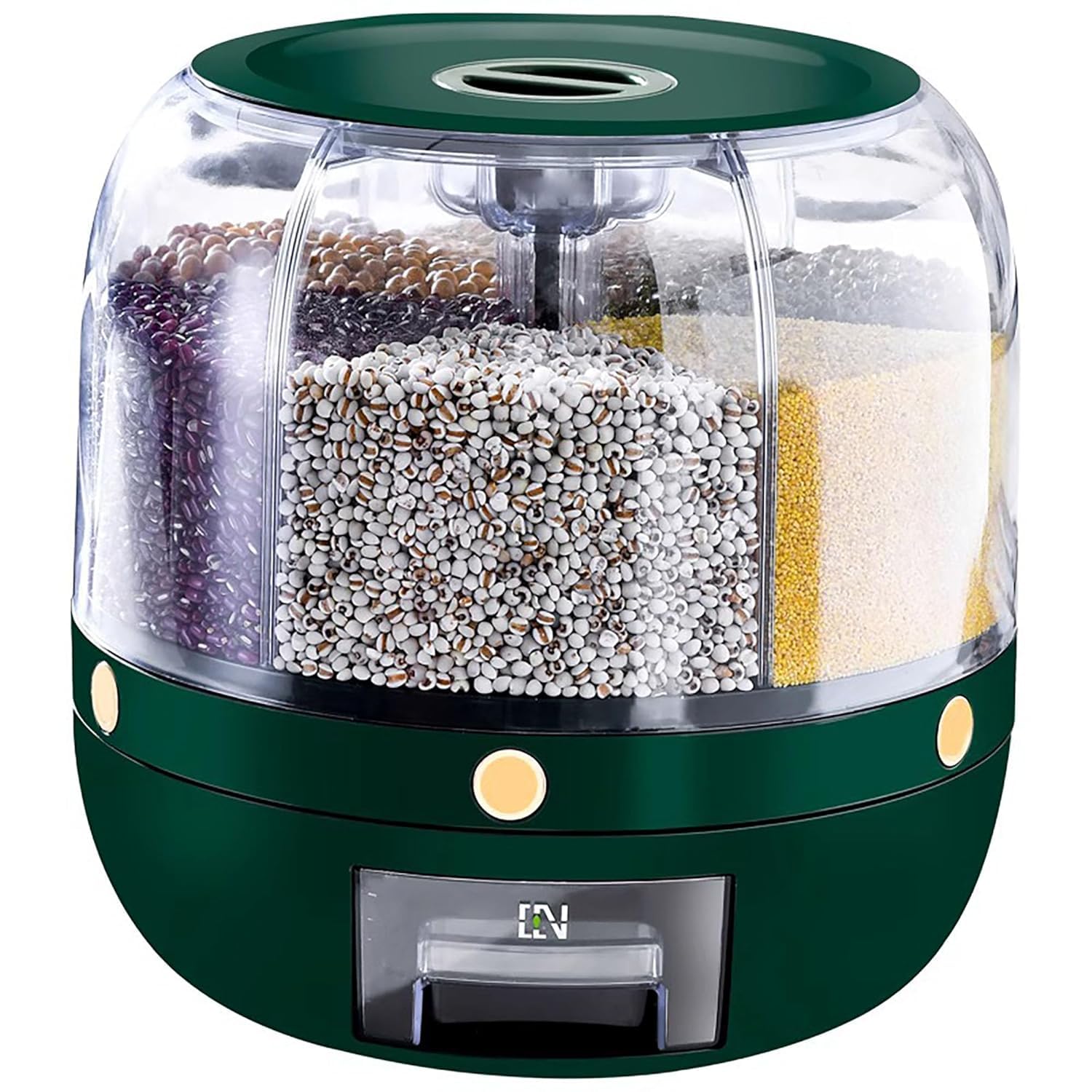 Inllex Plastic 6Grid Round Food Dispenser | 360 Rotating Food Bucket Transparent Rice Storage Container | Rotatable Dry Food Fr