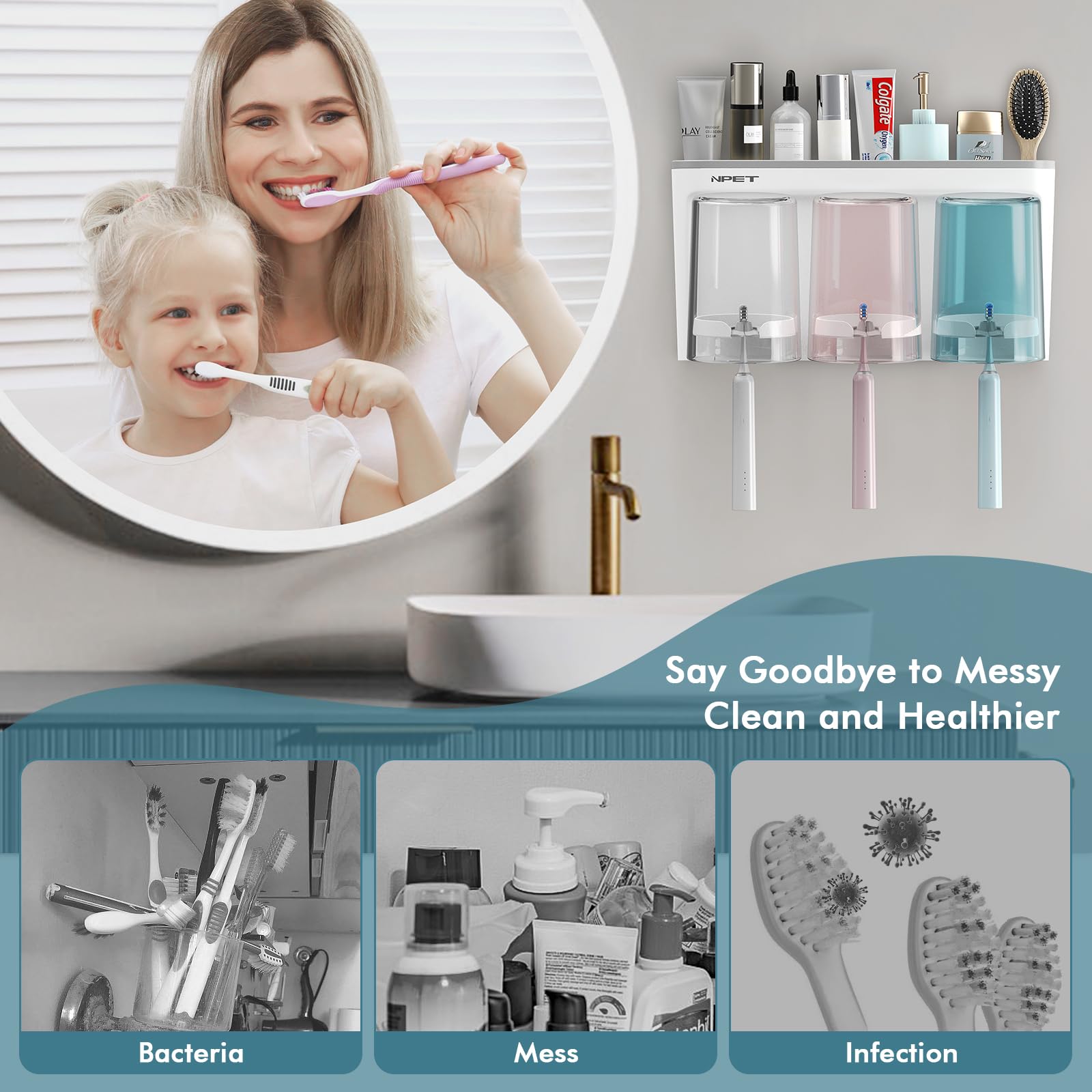 Npet Toothbrush Holder For Bathroom,3 Cups Toothbrush Holder Set Wall Mounted, Ideal Bathroom Accessories Organization