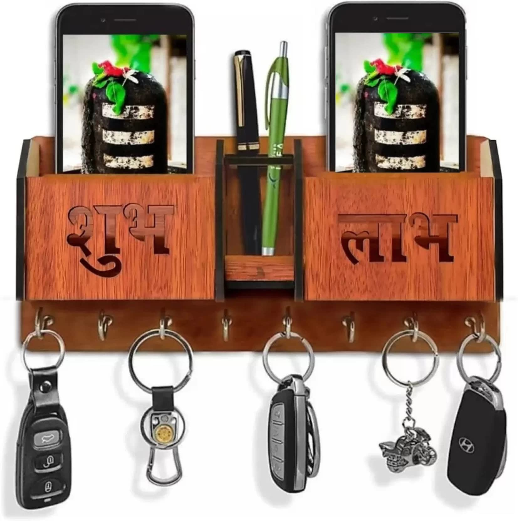 SkyKey Wooden Wall Mounted Key Holder with Mobile Stand | 8 Hooks | Designer Home & Office Decor (Brown)