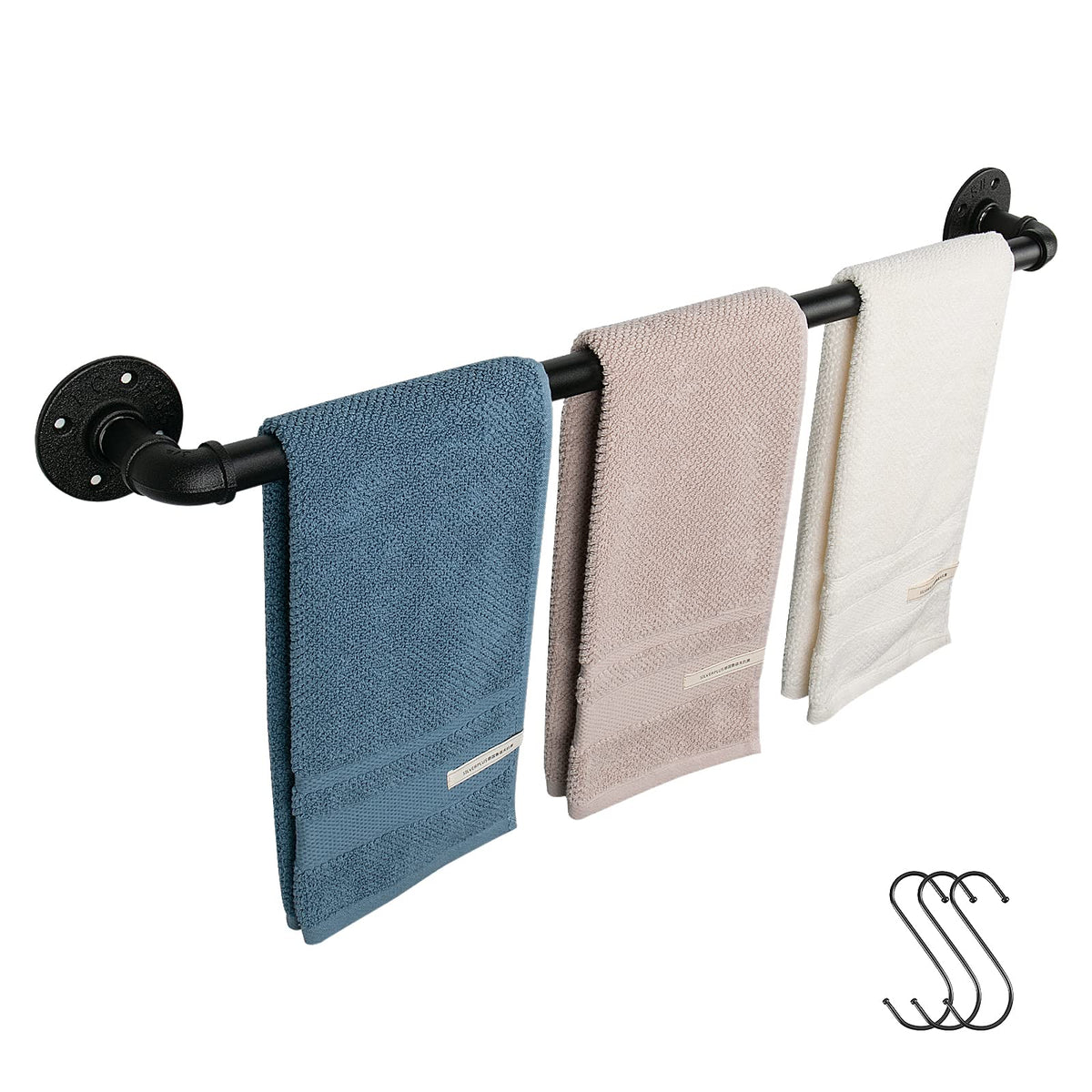 Jeasor Industrial Pipe Towel Rack Towel Bar, Heavy Duty Wall Mounted Rustic Farmhouse Bath Towel Holder For Bathroom (Black, 28