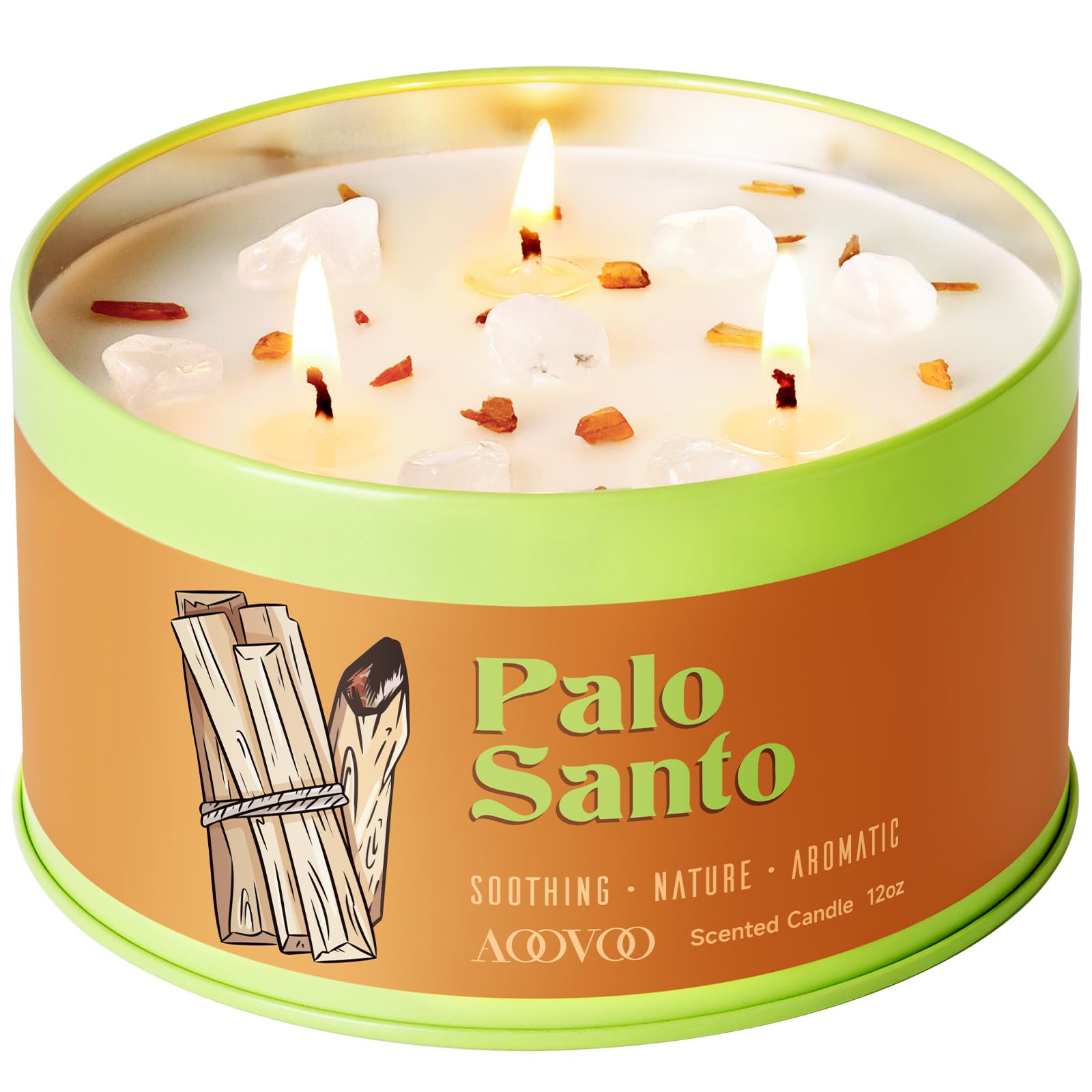 AOOVOO Palo Santo Candle for Meditation & Cleansing - 3 Wick 12oz Scented Candle with White Crystals & Palo Santo Inside, Non-To