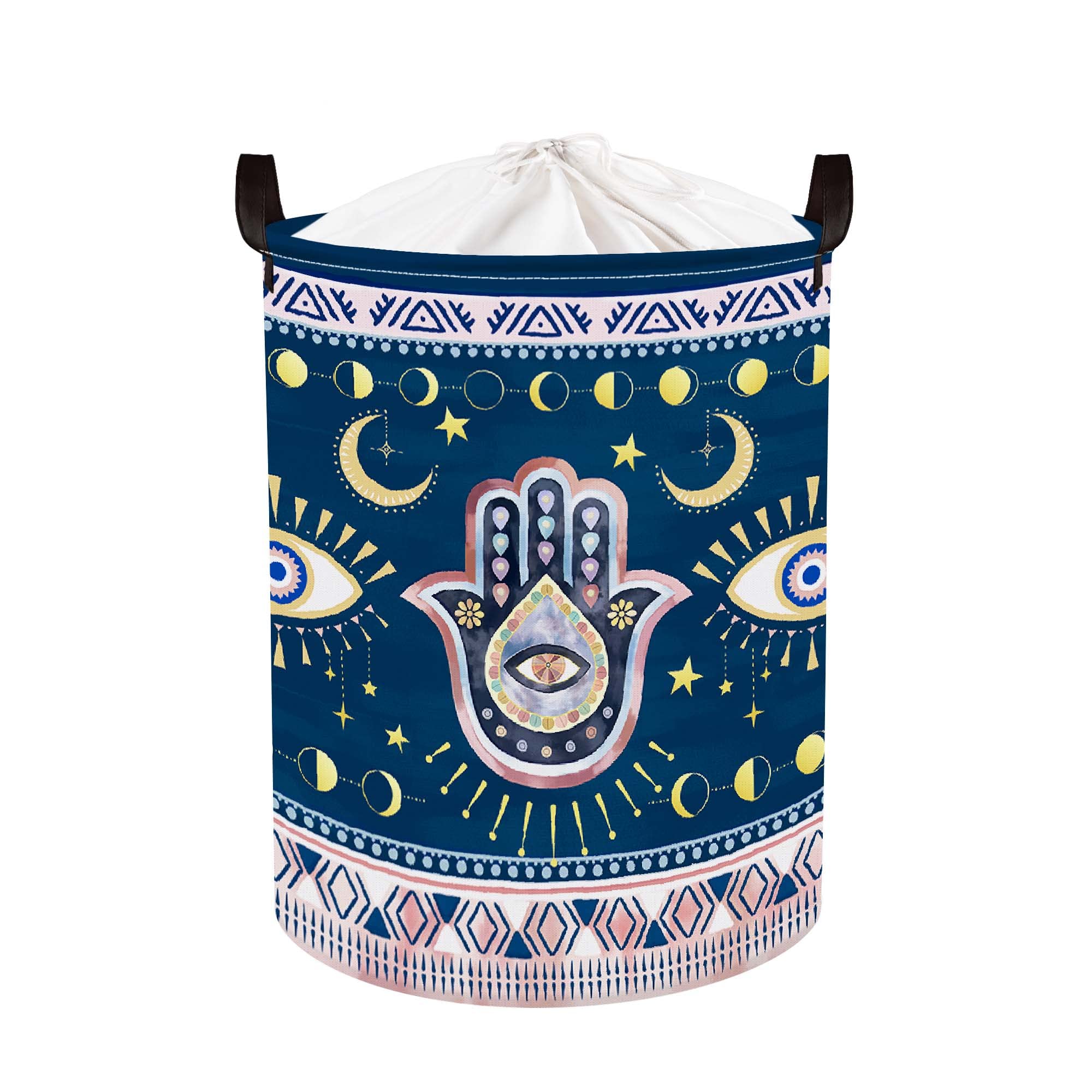 Clastyle 45L Blue Bohemia Evil Eye Laundry Baskets Hand Of Fatima Storage Basket For Blanket Toys Moon Star Hamsa Laundry Hamper