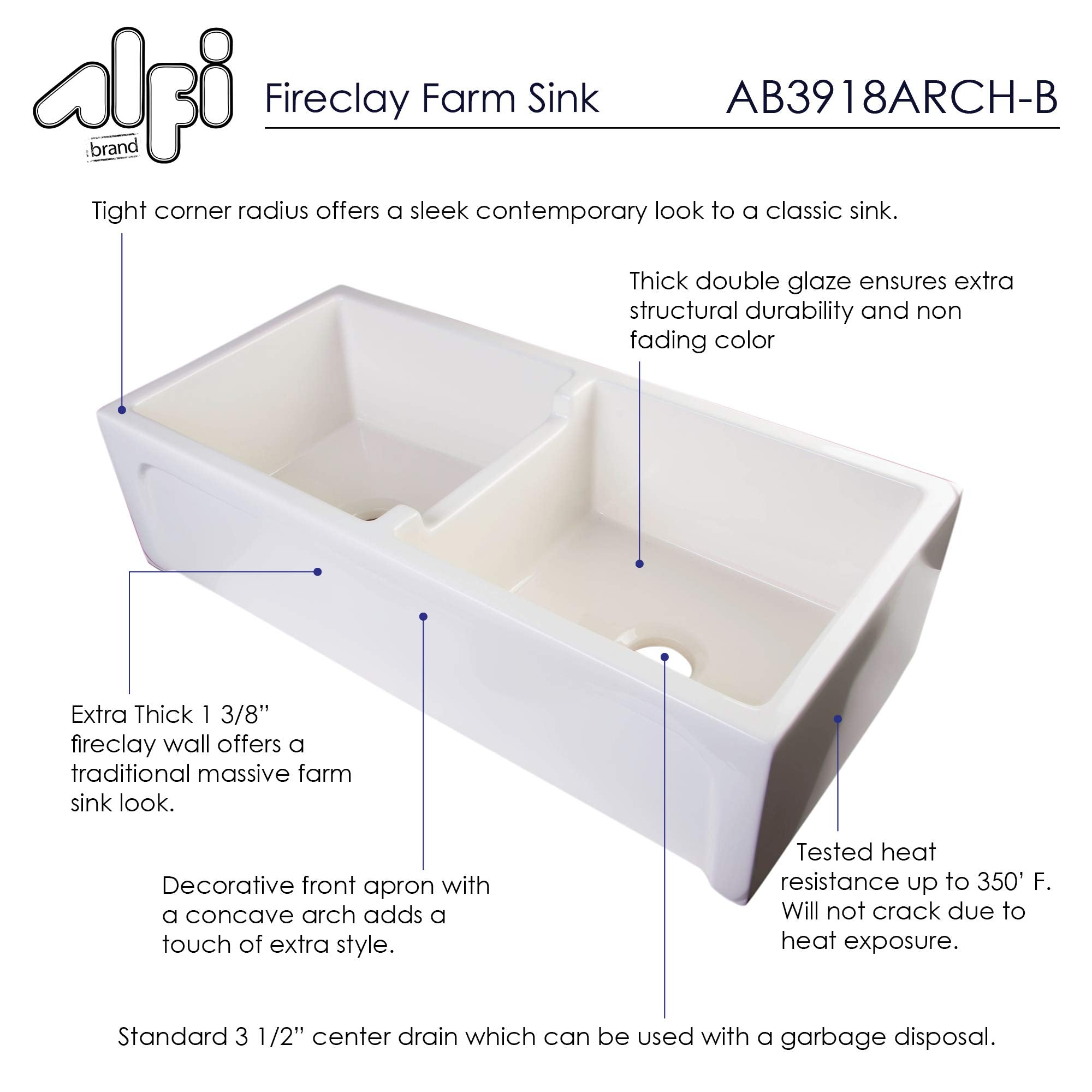 Alfi Brand Ab3918Arch-B Arched Apron Thick Wall Fireclay Double Bowl Farm Sink, 39'', Biscuit