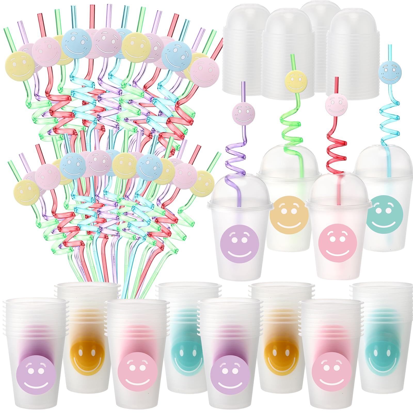 Yaomiao 64 Pack Smile Face Pastel Cups with Straws and Lids