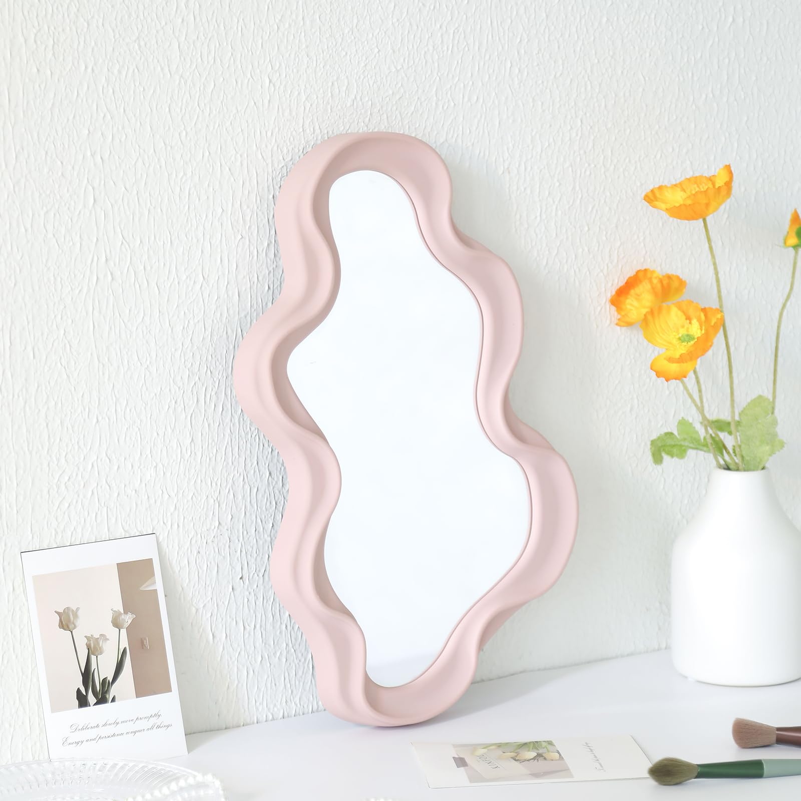 Xpxkj 16X10 Inch Decorative Wavy Mirror Pink Irregular Wall Hanging Mirror Modern Living Room Funky Pink Mirror,For Bedroom, And
