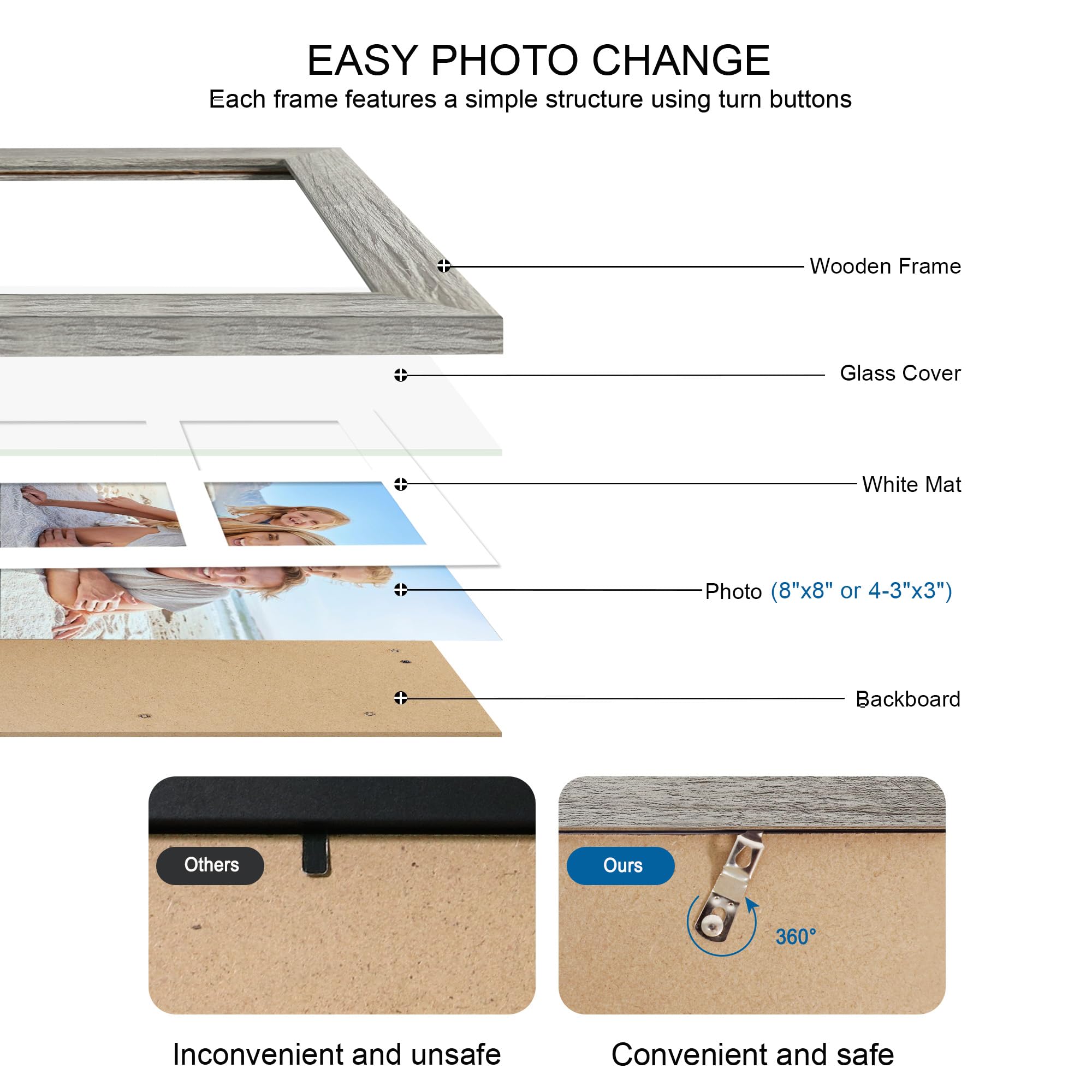 Hongkee 8x8 Picture Frame Set of 2, with Glass and Grey Wood Frames, Display Collage Four Opening 3x3 With Mat or 8 x 8 Without