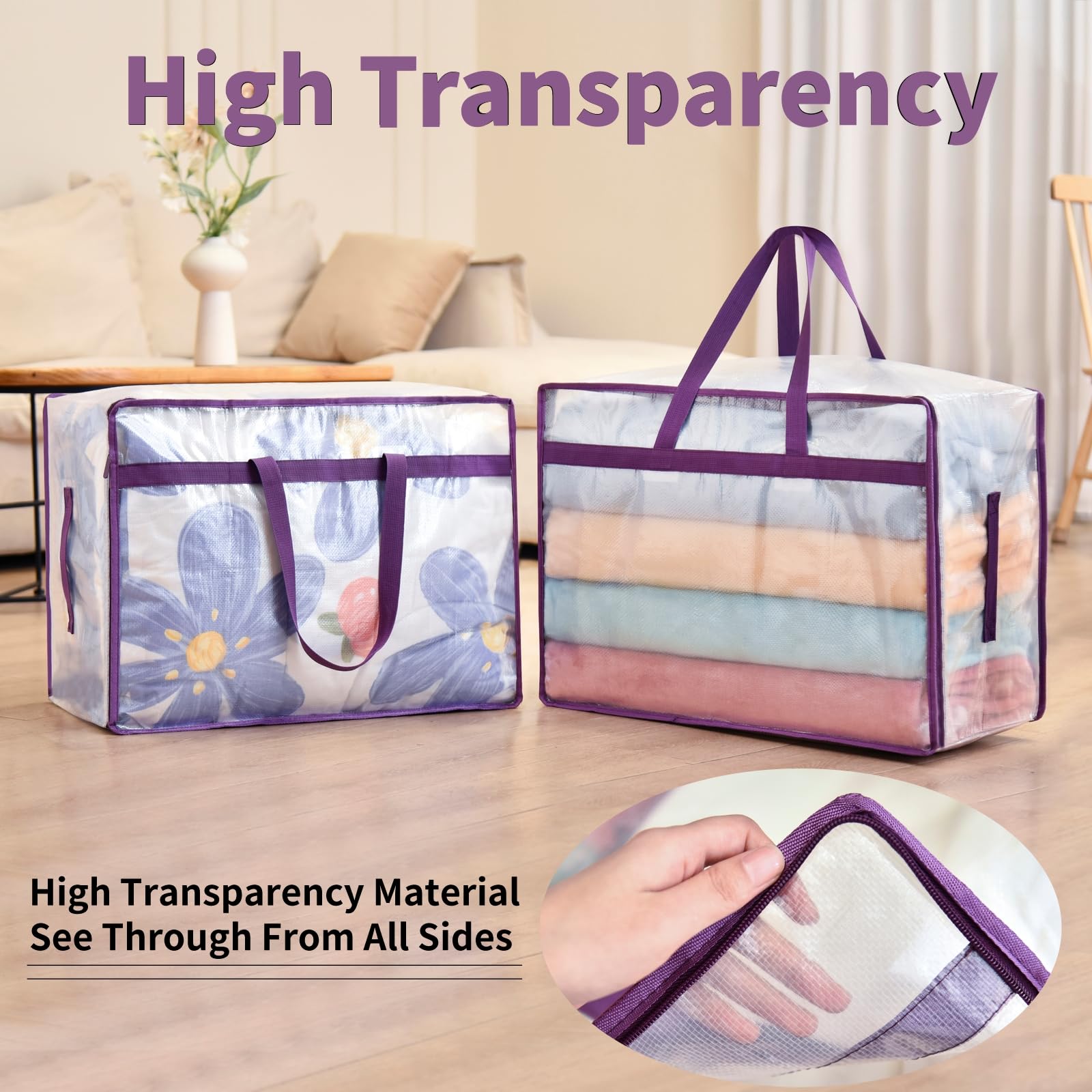 20 Gallon Large Clear Blanket Storage Bags for Bedding with Zipper Handles, 76L Oversized Comforter Storage Bag King Size, Foldi