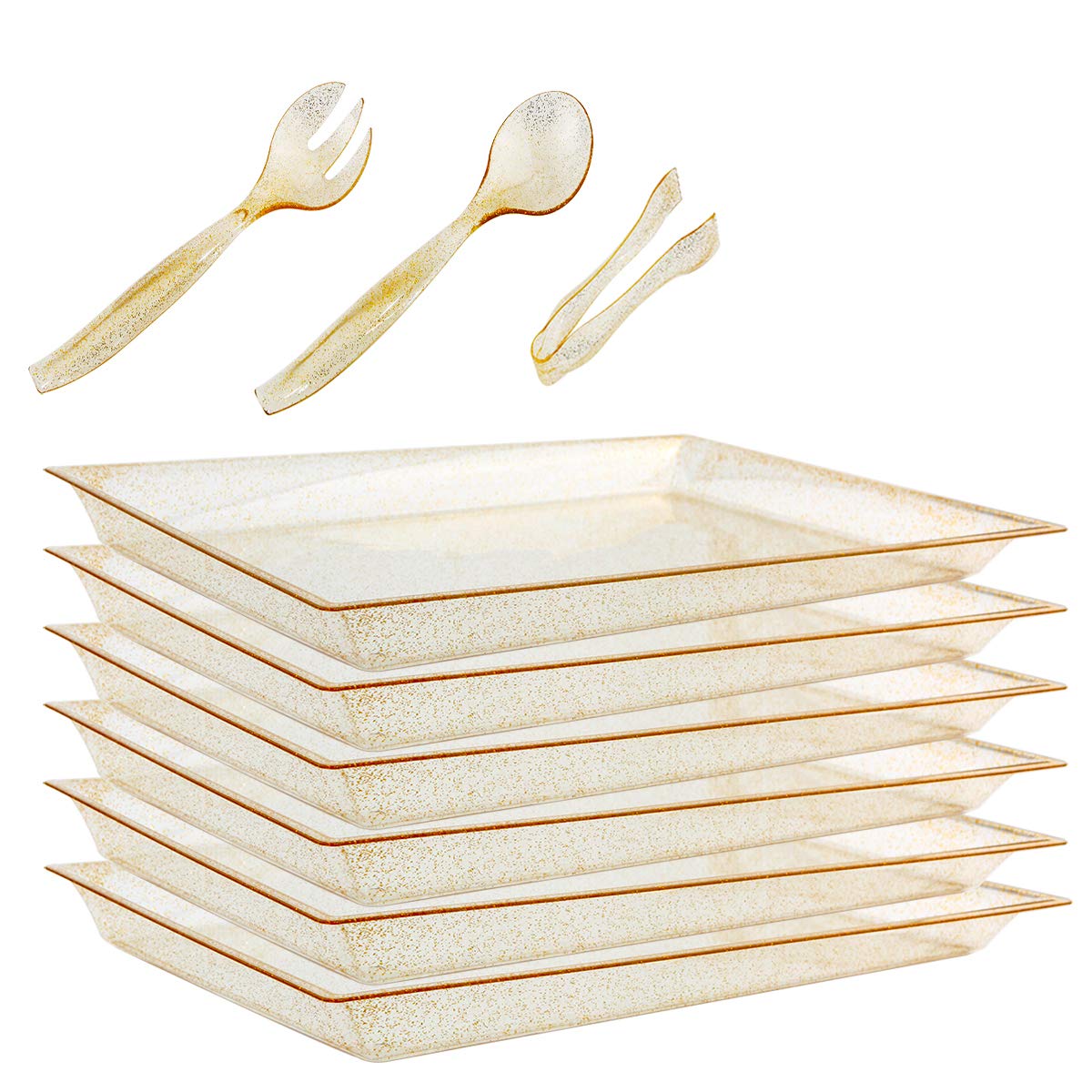 Wellife 24 Pack Plastic Gold Glitter Serving Tray With Disposable Utensils, 6 Rectangle Platter 15    X 10   , 6 Serving Spoons