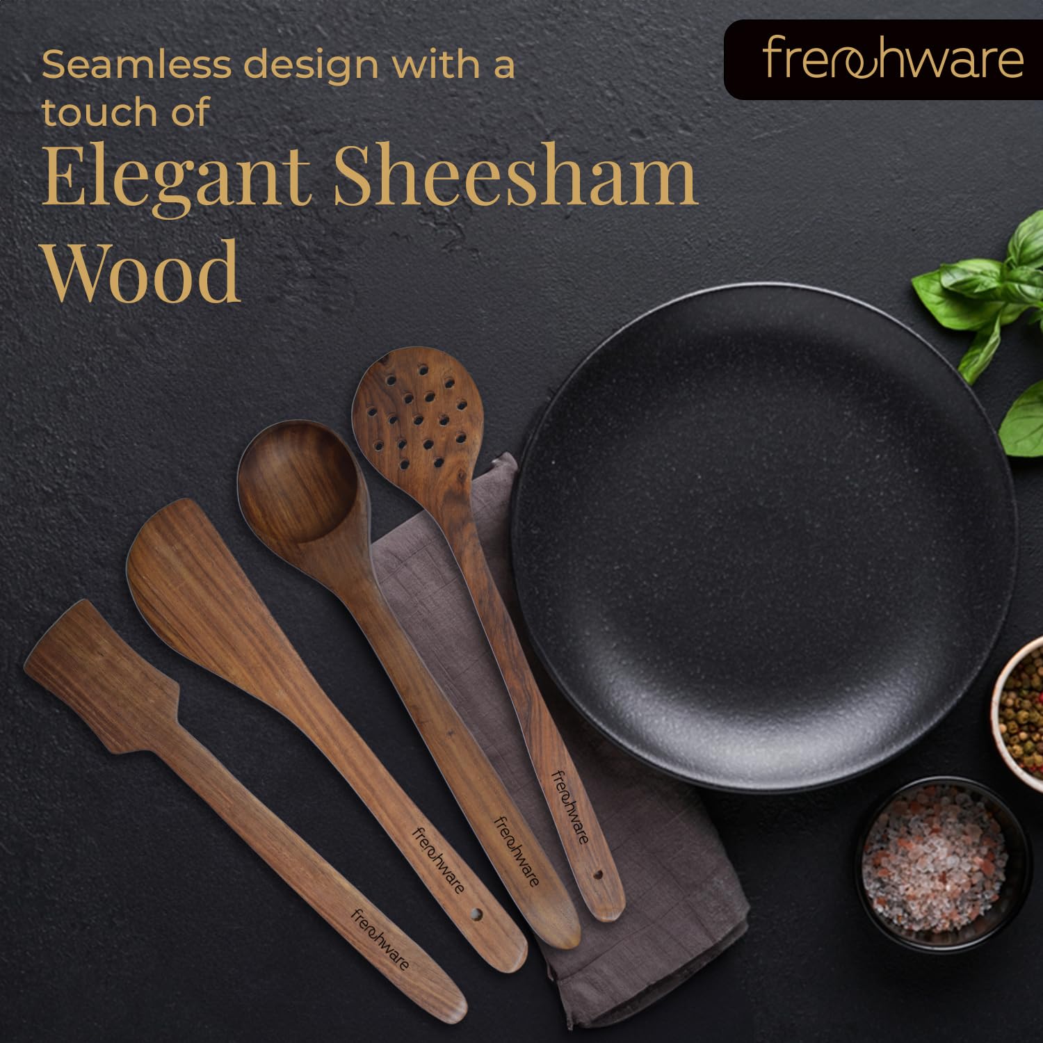 Frenchware (Set Of 4, Brown) Pure Sheesham Wood Spoons And Spatula For Non Stick Cookware Used For Cooking, Baking & Mixing, Sea