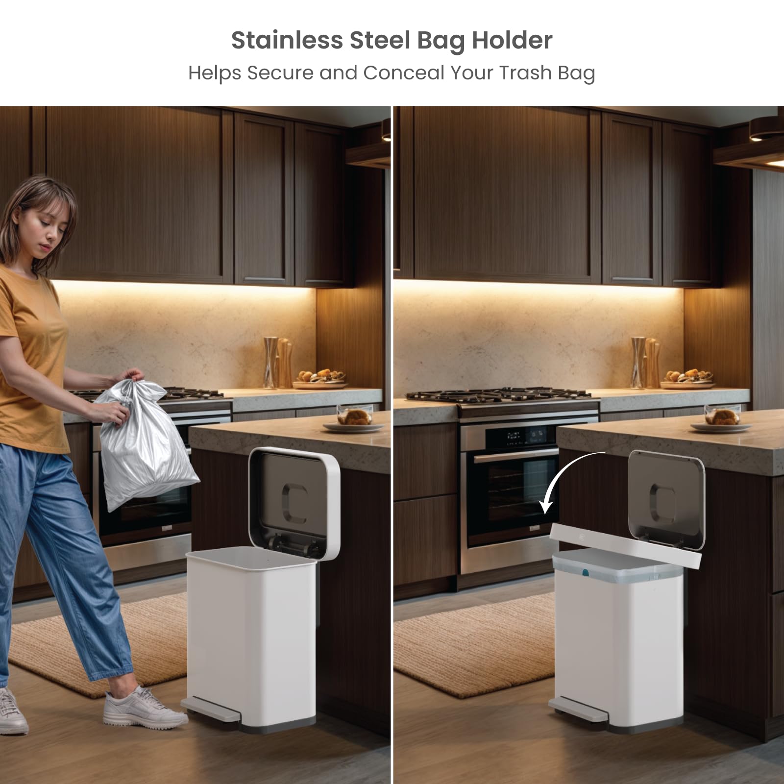 Home Zone Living 13 Gallon Stainless Steel Kitchen Trash Can With Slow Closing Lid And Wide Opening, Virtuoso Collection, White