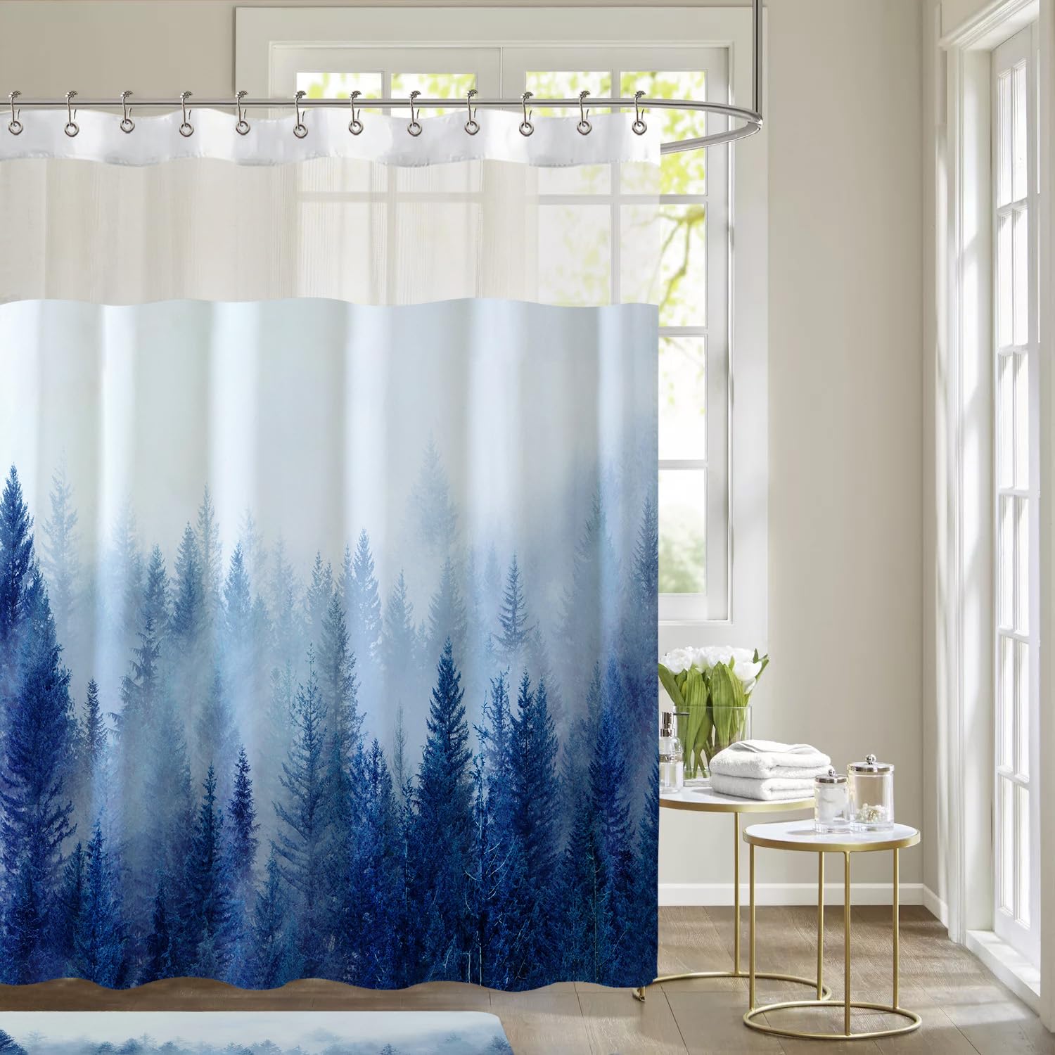 Ortigia Double Misty Forest Shower Curtain Set With Snap In Liner For Bathroom, Blue Nature Shower Curtains With See Through Top