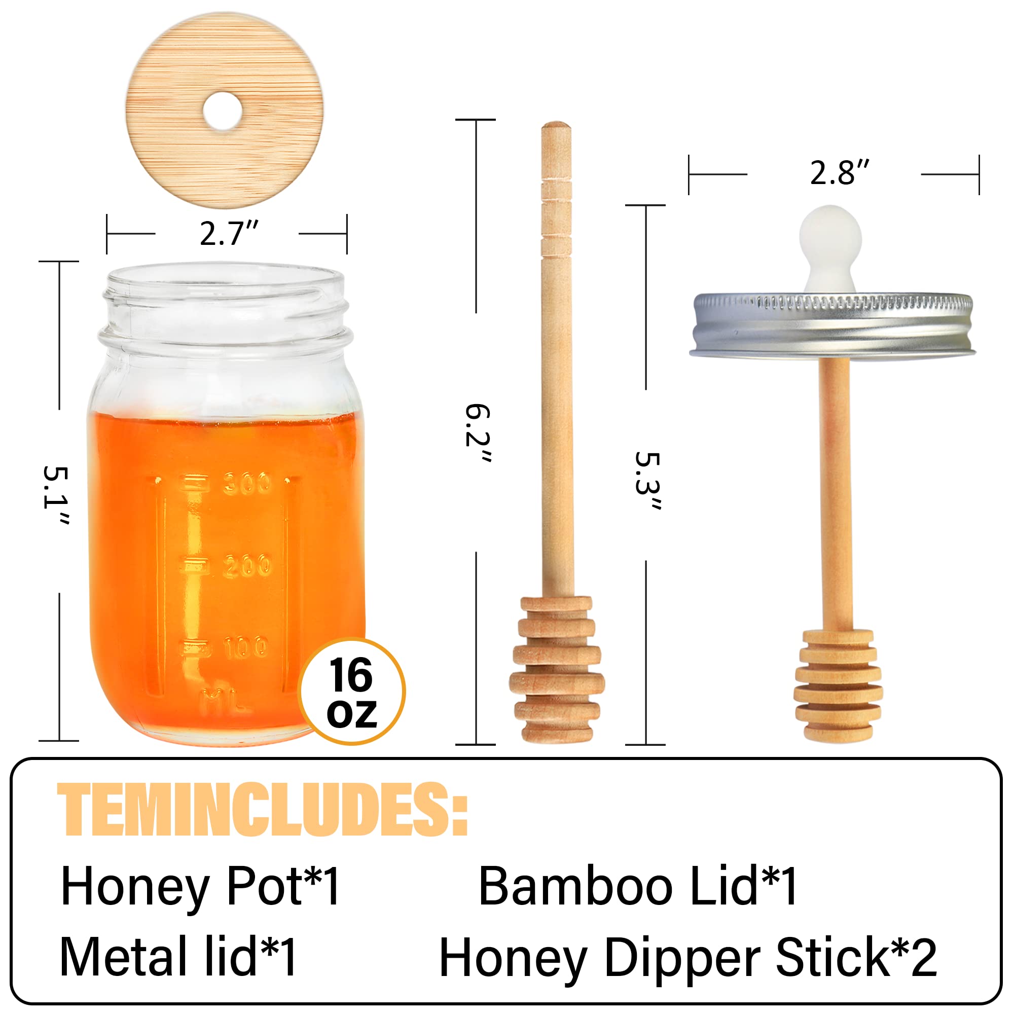 Givameihf 16Oz Glass Honey Jar With Dipper,Honey Container With Wooden Honey Dipper,Honey Jars With Lids,Honey Pot Ideal For Hon