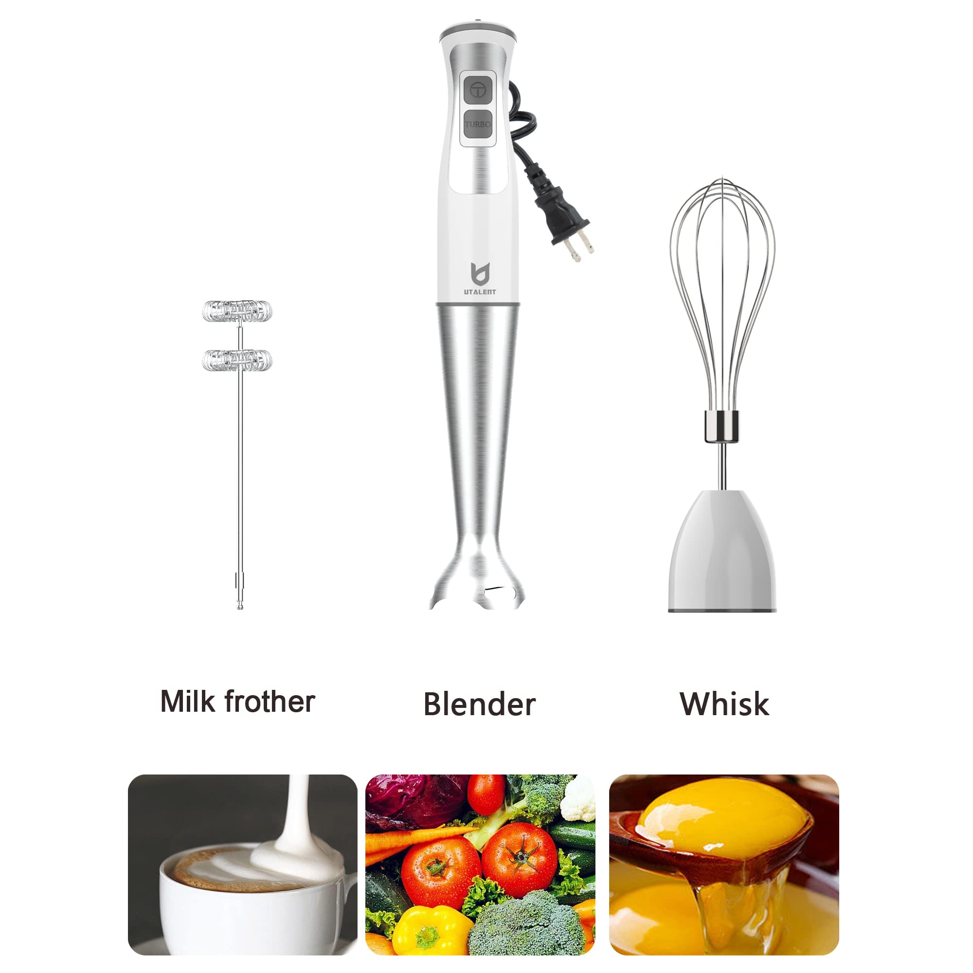 Immersion Hand Blender  UTALENT 3-in-1 8-Speed Stick Blender with Milk Frother  Egg Whisk for Smoothies  Coffee Milk Foam  Puree Baby Food  Sauces and Soups - White