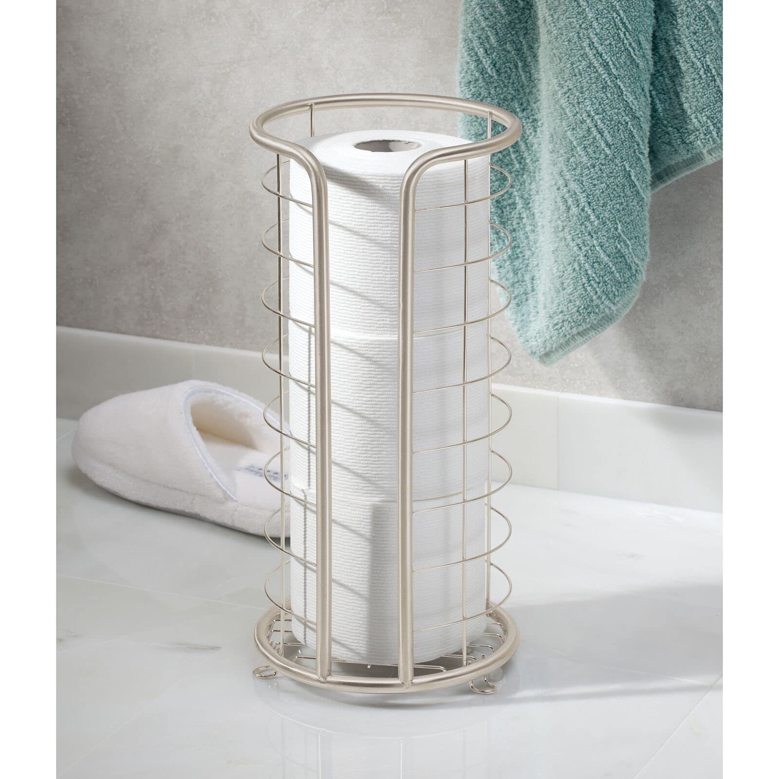 mDesign Metal Toilet Paper Holder Stand - Storage Reserve for 3 Rolls of Toilet Tissue - Freestanding Toilet Paper Holder - Stylish Bathroom Floor Toilet Paper Stand - Omni Collection - Satin