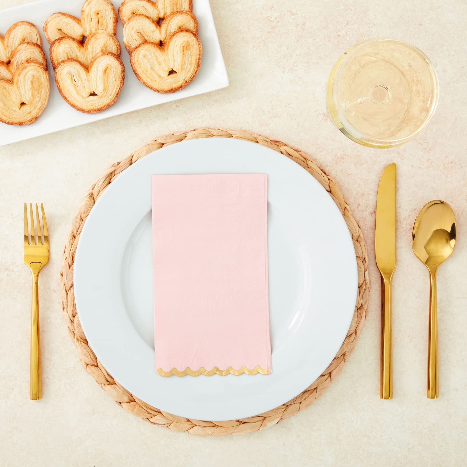 Sparkle And Bash 50 Pack Pink Paper Dinner Napkins With Gold Foil Scalloped Edges For Birthday Party, Wedding (3-Ply, 4 X 8 In)