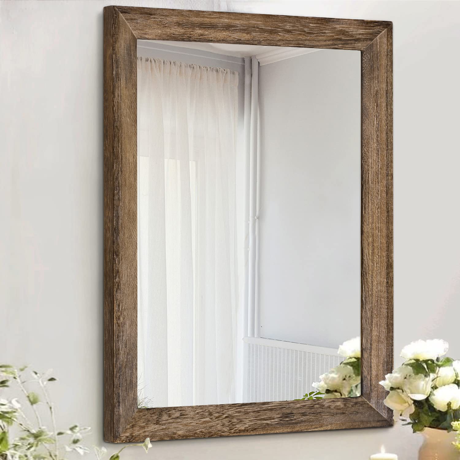 AAZZKANG Rustic Wood Mirror 20X16 Rectangle Decorative Wall Mirror with Frame Bedroom Living Room Bathroom Hanging Mirror