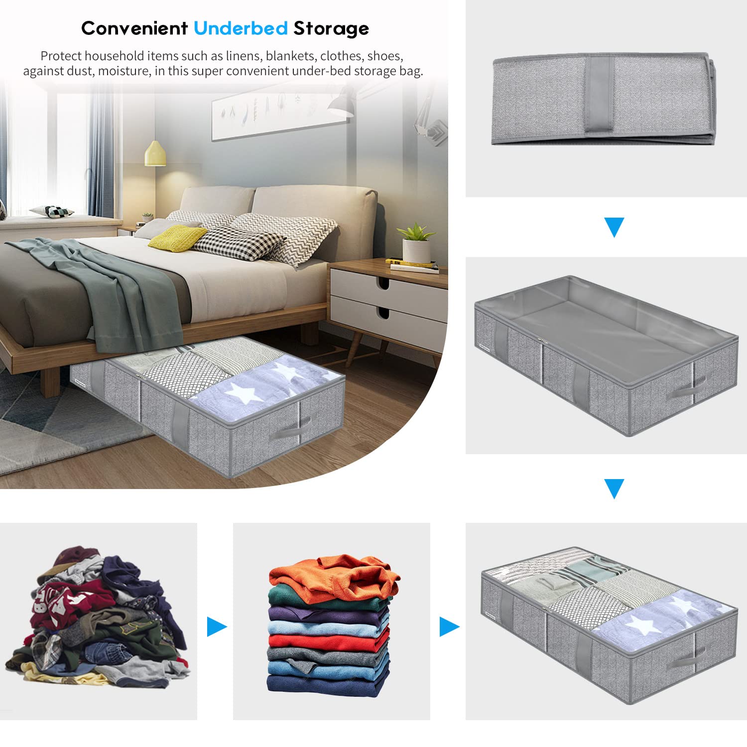 Onlyeasy Breathable Under Bed Storage Bags with 4 Reinforced Handles and Sturdy Side Wall, 2 Pack Eco-friendly Underbed Clothing
