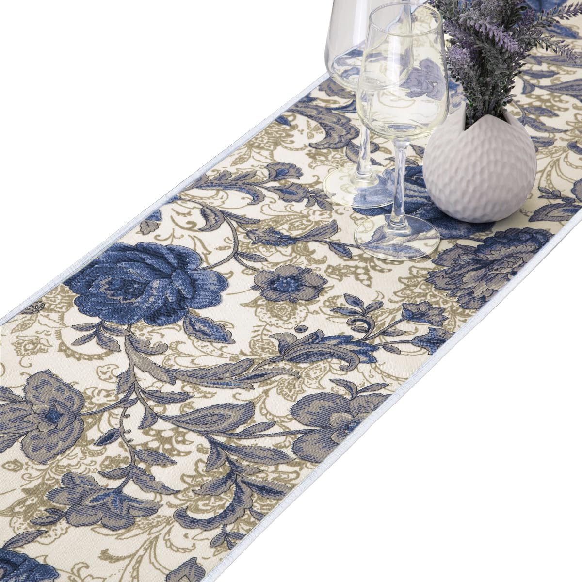 Mookaitedecor Cotton Table Runner, Blue Flower Table Runners For Dinner Parties, Weddings, Decor & Everyday Use, 12 X 52 Inch
