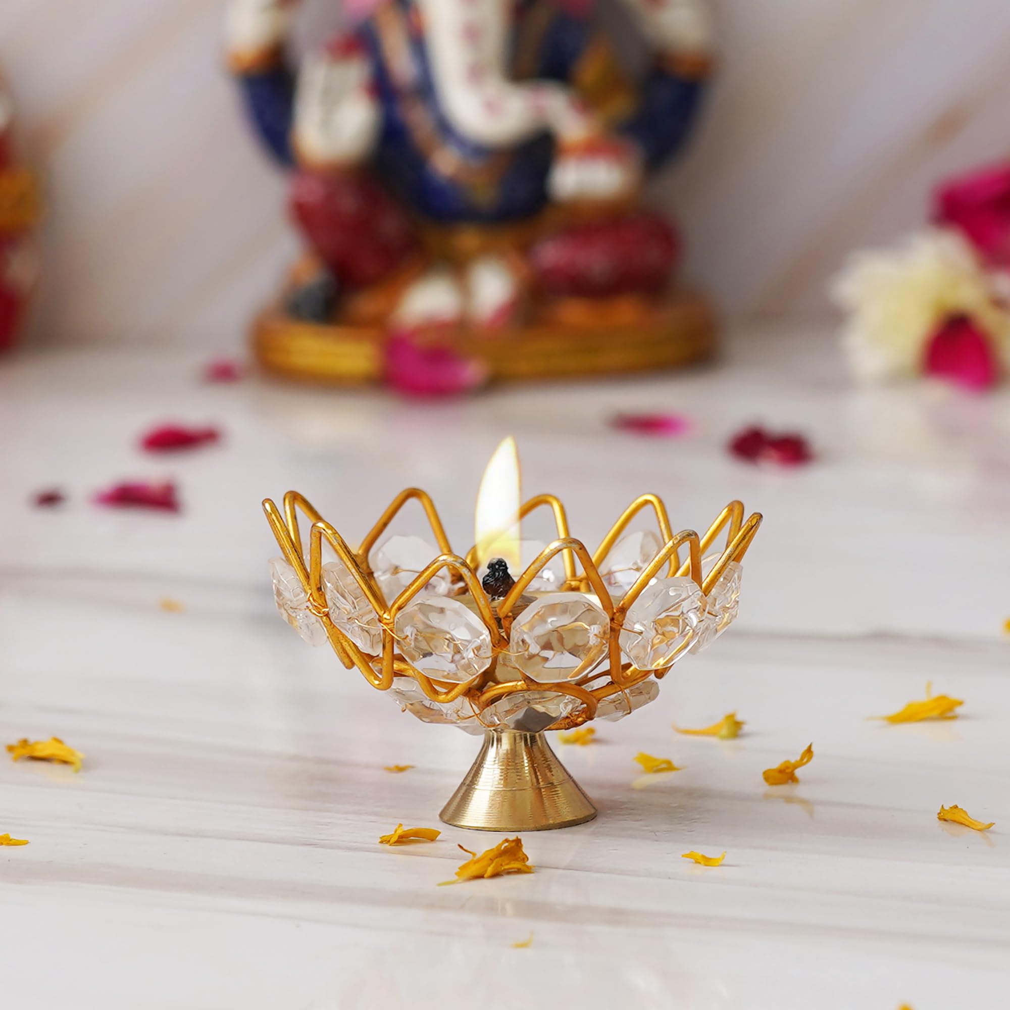 eCraftIndia Lotus Shape Crystal Golden Brass Diya for Diwali, Navratri, Dussehra, and Other Festive Occasions