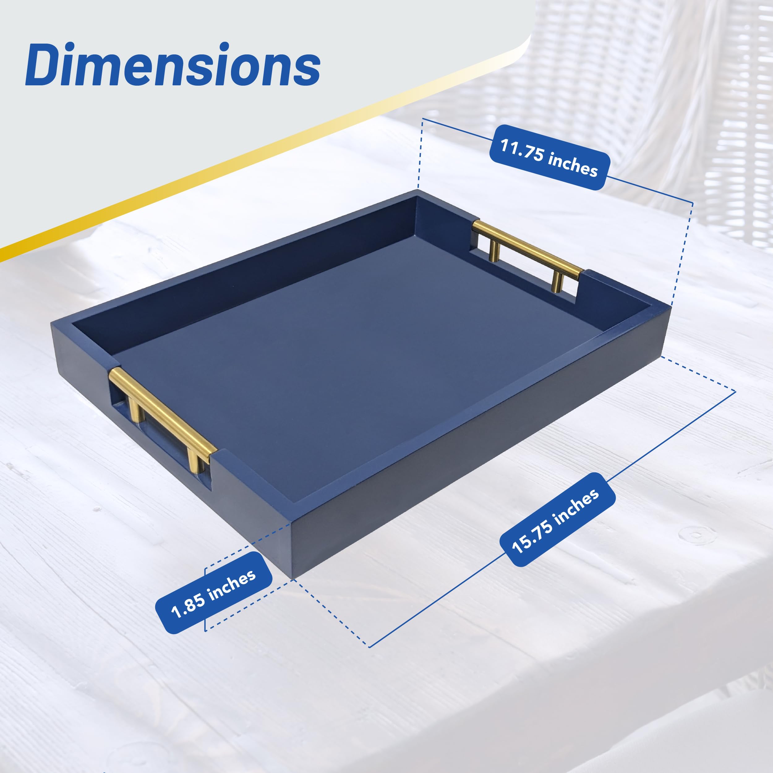 15.75'' X 11.75'' Decorative Rectangle Navy Blue Serving Tray With Handles Includes 4 Matching Coasters, Ottoman Tray - Tea And