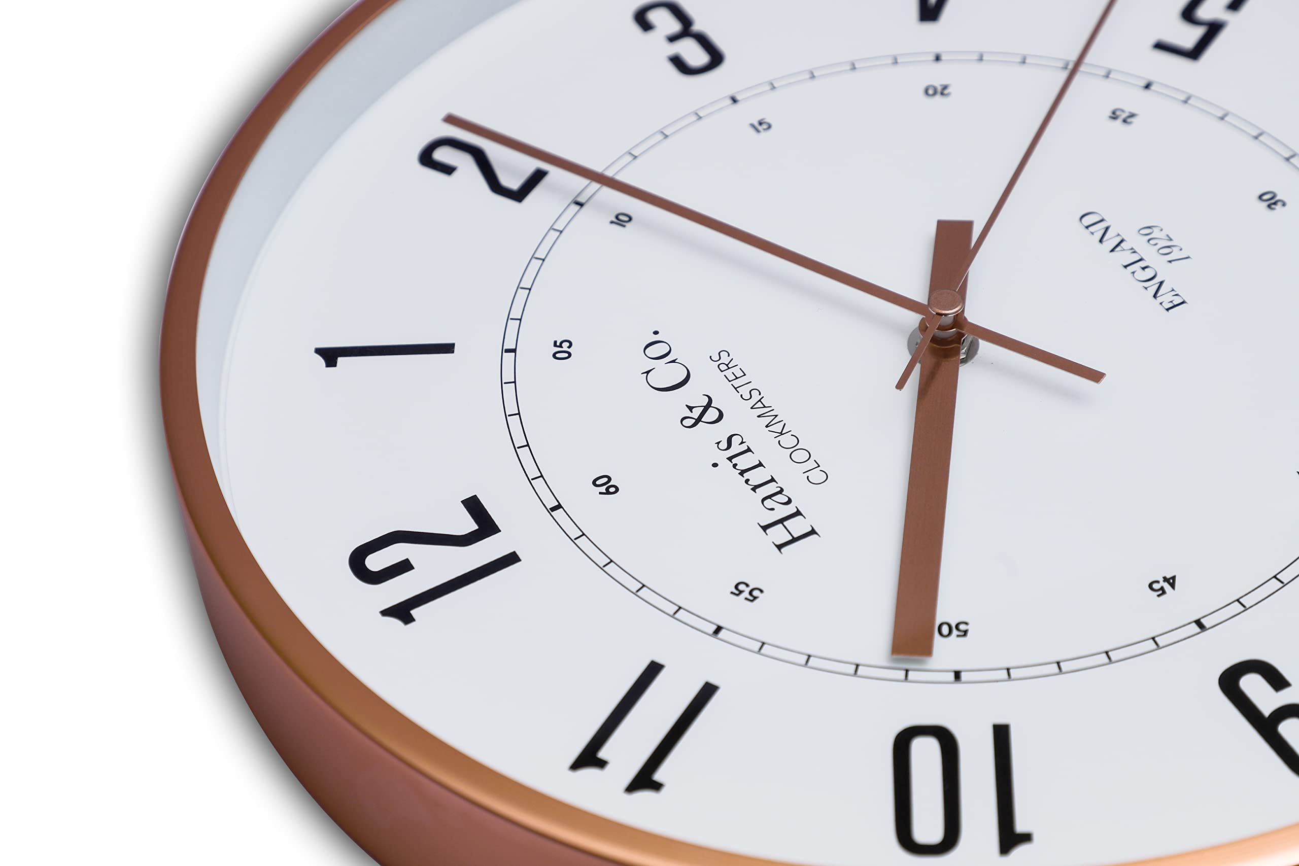 Harris & Co. Clockmasters Silent Sweep Noiseless Technology Wall Clock (12 Inch, Rose Gold Metal Frame, Model - Oxford Street In
