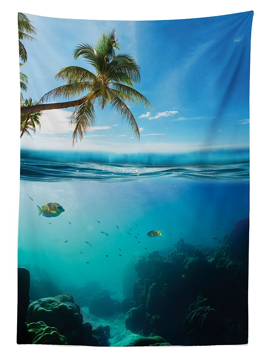 Ambesonne Ocean Tablecloth, Tropical Underwater Shot With Surface Coconut Tree And Sky Aqua Water Theme Paradise, Rectangular Ta