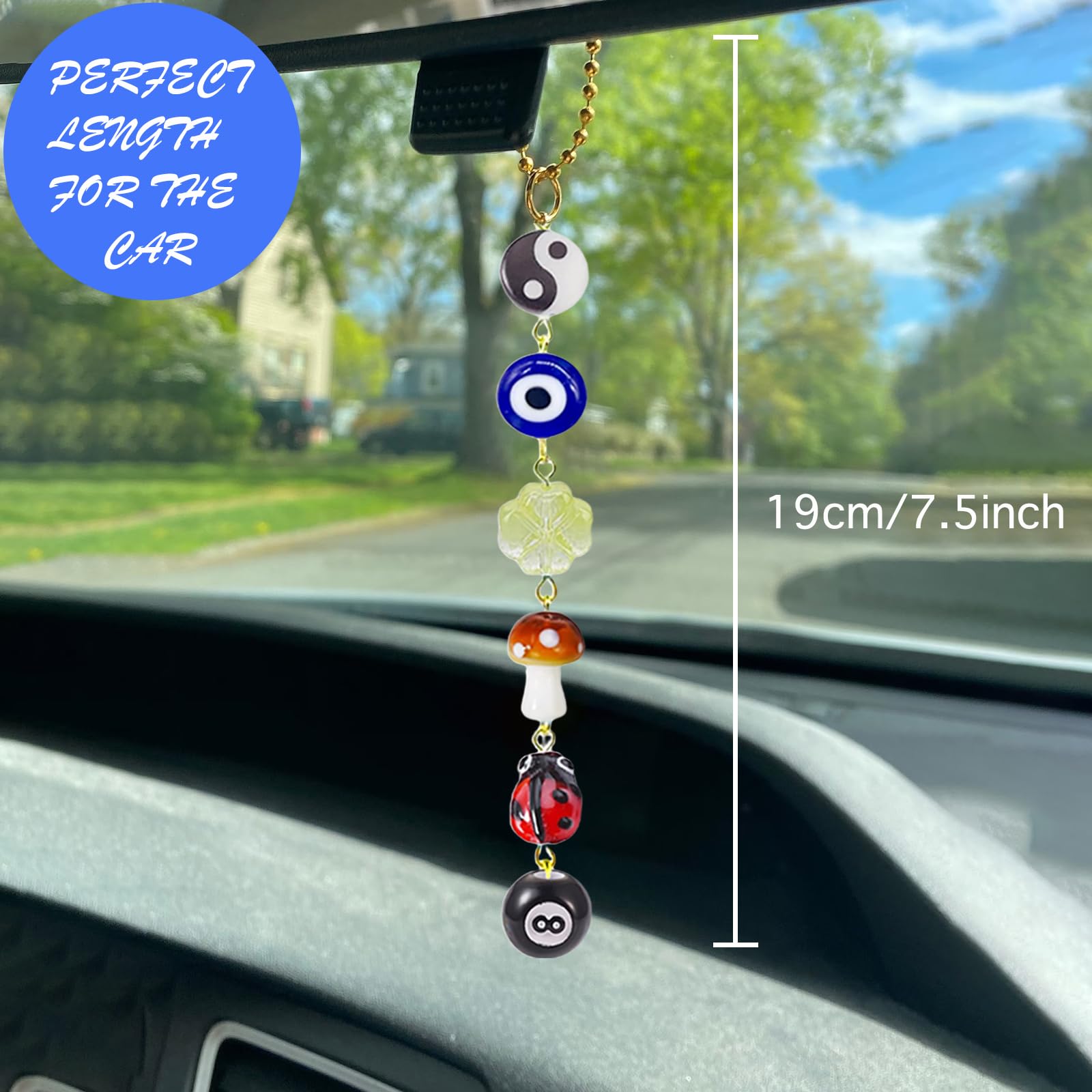 Evil Eye Car Hanging Ornament,Good Lucky Days Car Charm,8 Ball Mushroom Four-Leaf Clover Pendant for Car Rear View Mirror,Cute B