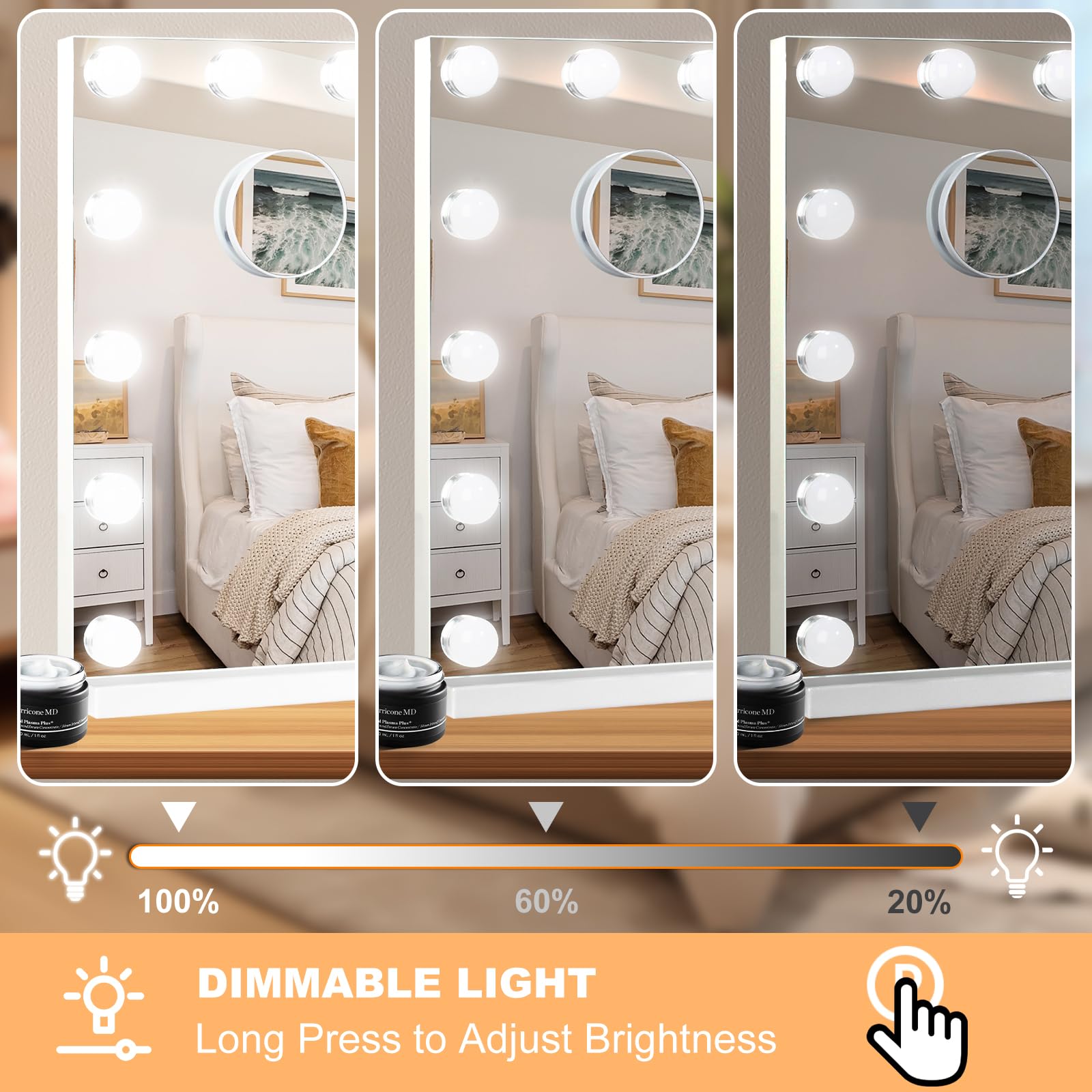 Moonee Hollywood Vanity Mirror With Lights,Makeup Mirror With 15 Dimmable Bulbs And 10X Magnification,3 Colors Modes,Aluminum Me