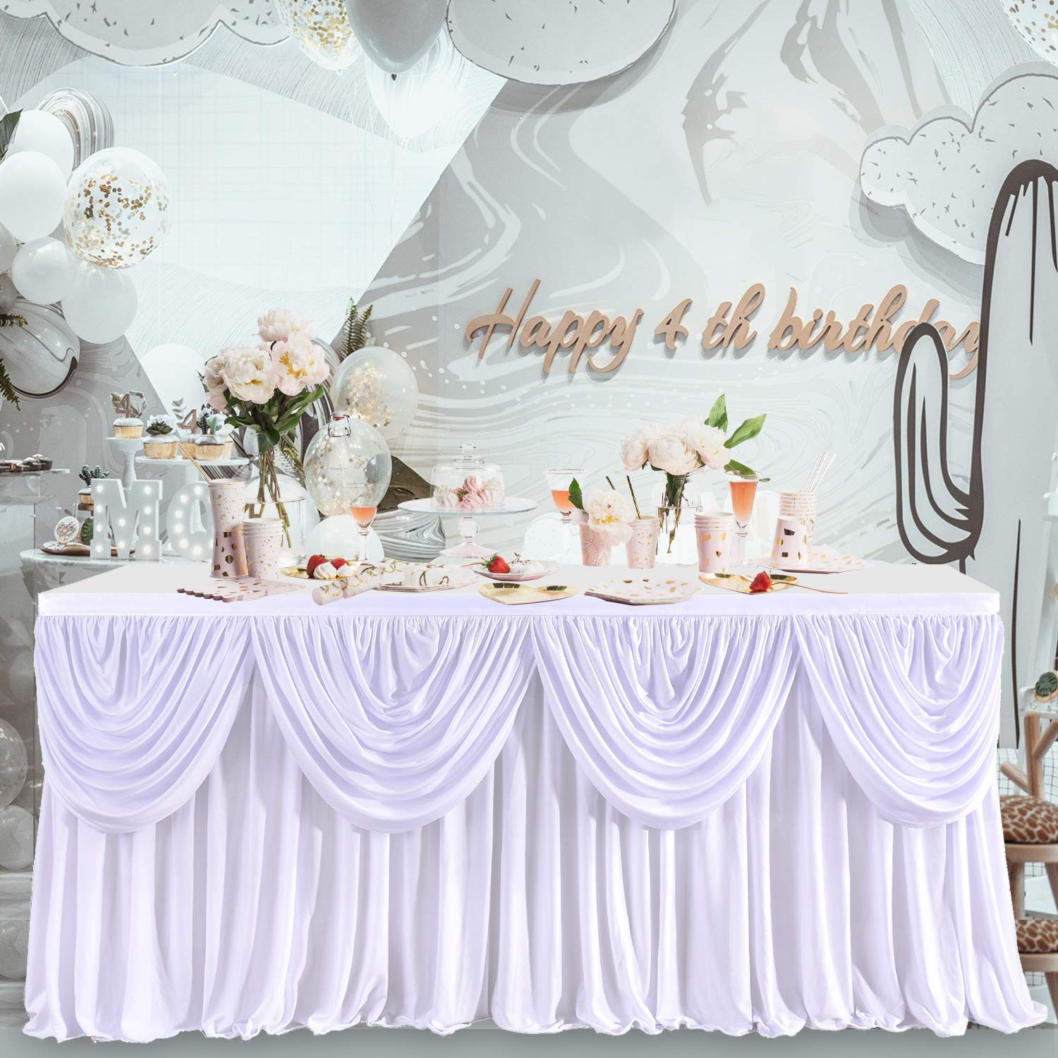 Gogoparti White Tutu Table Skirts For Rectangle Tables 6Ft Draped Pleated Table Skirt Polyester Tablecloth For Birthday Party Ba