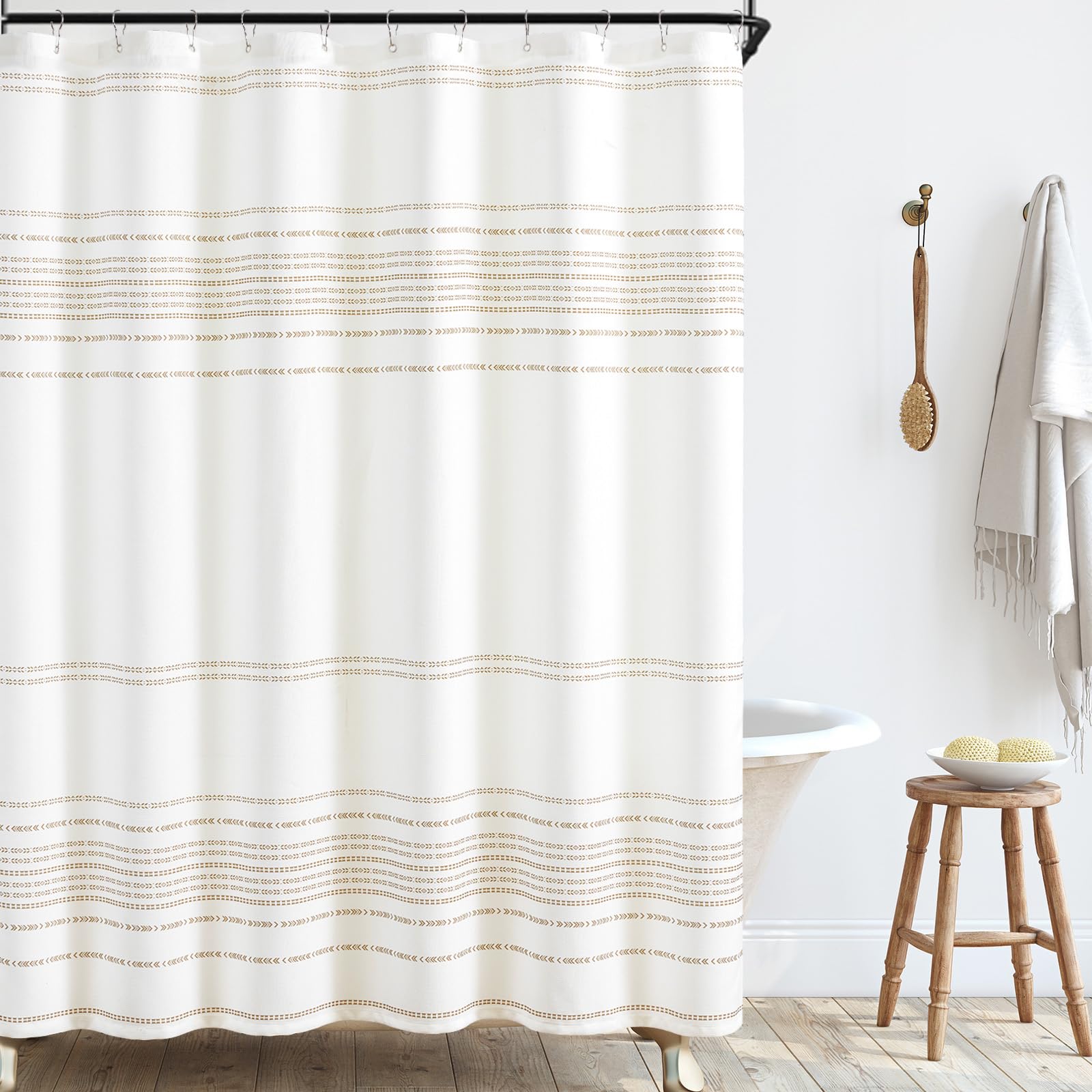 jinchan Taupe and White Boho Striped Shower Curtain Modern Waterproof Fabric Shower Curtains for Bathroom with 12 Hooks 70x72 in
