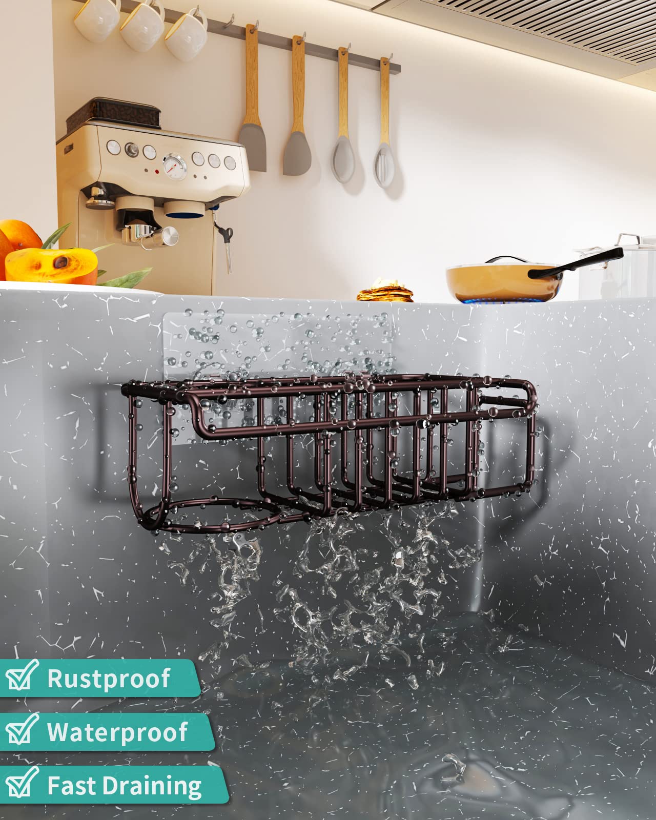 Hapirm 4 In 1 Adhesive Kitchen Sink Organizer, Sus304 Stainless Steel Brush Holder + Dish Cloth Hanger + Soap Rack + Sink Stoppe