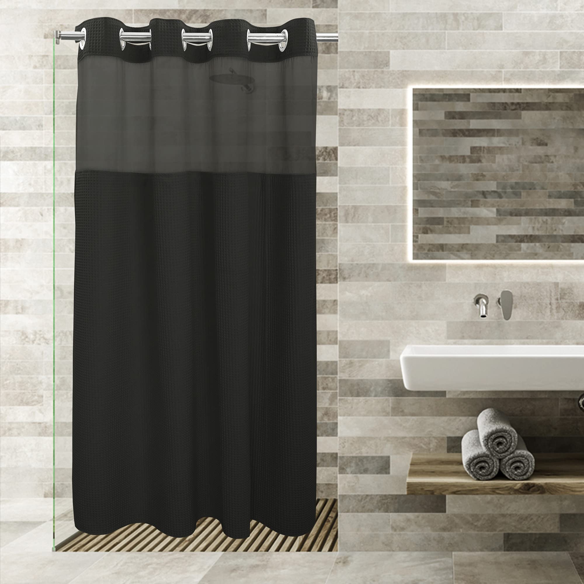 River Dream Black Fabric Shower Curtain Set, Cotton Blend, Waffle Weave, With Snap In Replacement Liner,54 X 80 Inches