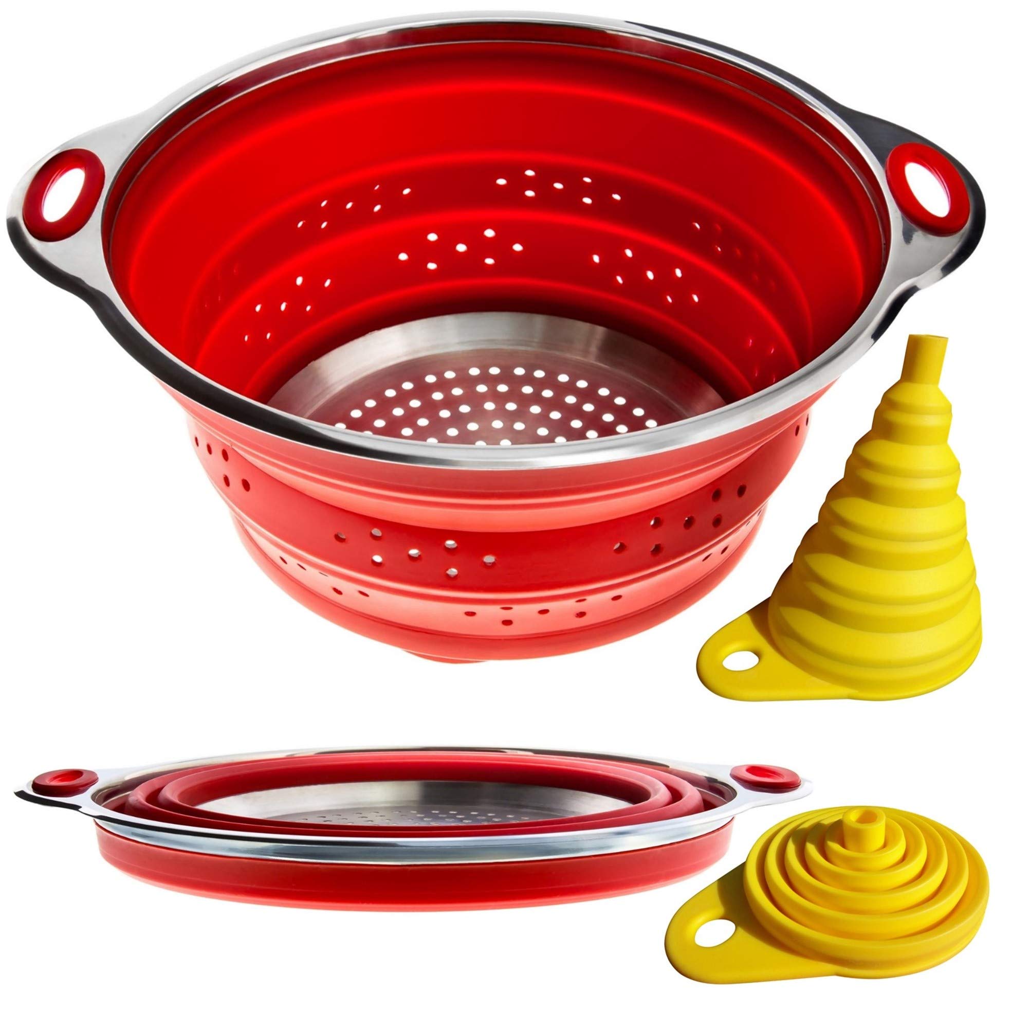 Collapsible Colander And Funnel - Stainless Steel Meets Red Silicone. Rv Accessories For Inside, Camper Organization And Storage