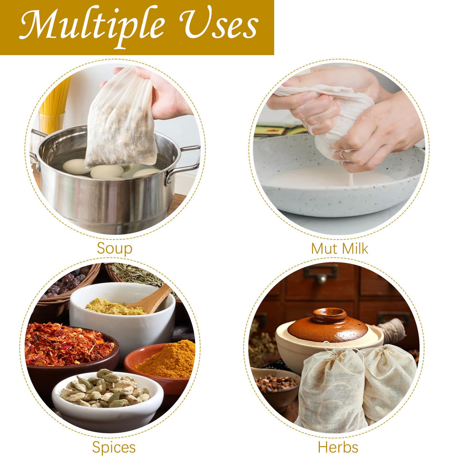 Tuzazo 24 Pack Reusable Spice Bags For Cooking, Cheesecloth Bags For Straining, Drawstring Cotton Tea Bags Soup Bags Bone Broth