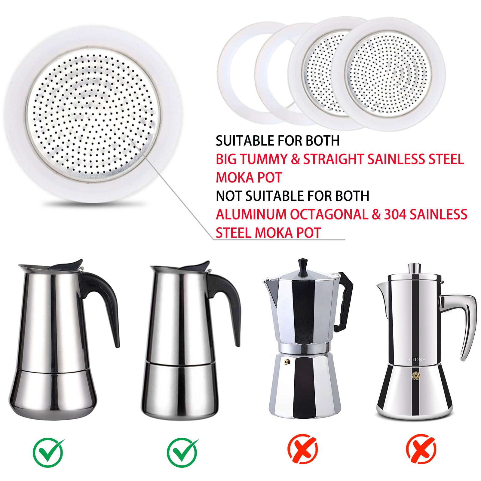 Ditosh 2 Pcs Filter With 4 Pcs Silicone Gasket Seals For 9/12 Cup Stovetop Espresso Coffee Maker Replacement Parts For Big Tummy
