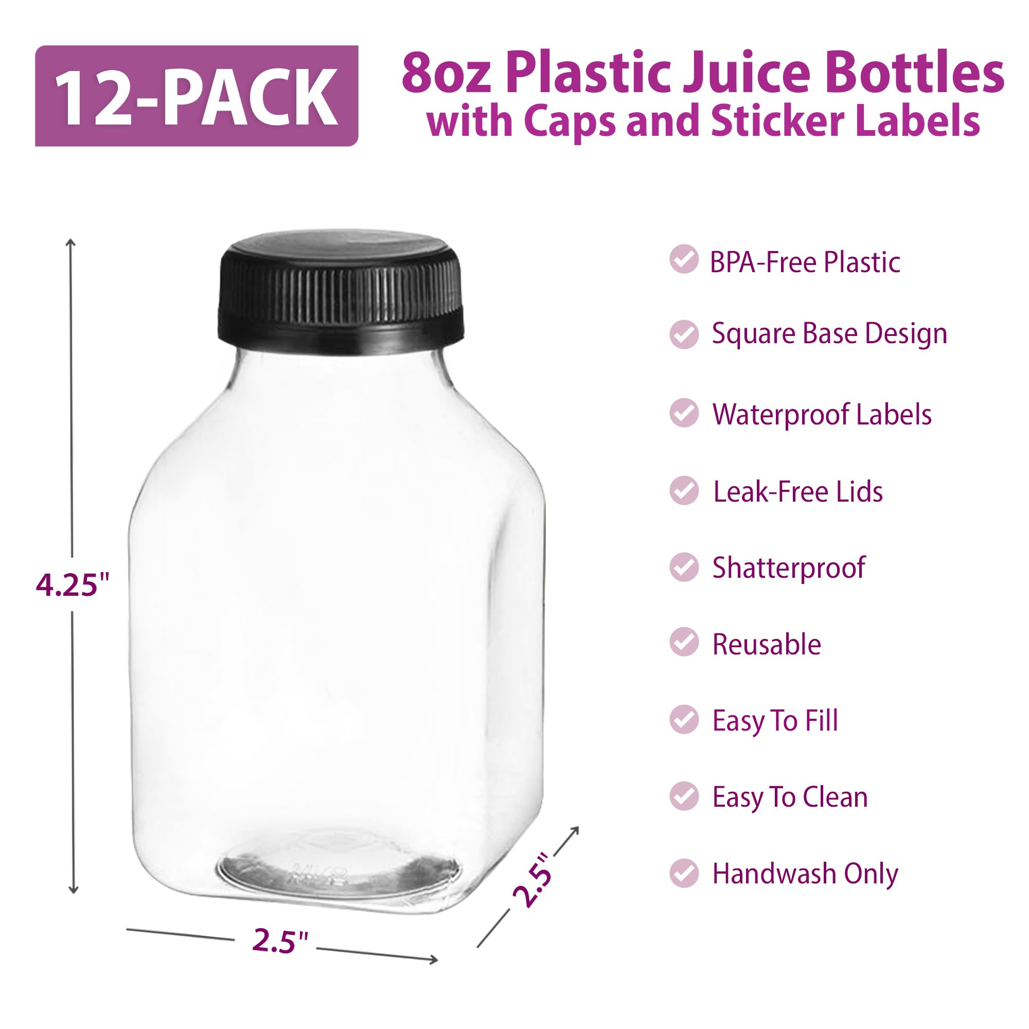 Dilabee Plastic Juice Bottles With Caps - 12 Pack 8Oz Small Reusable Water Bottles With Lids For Juicing - Clear Mini Drink Cont