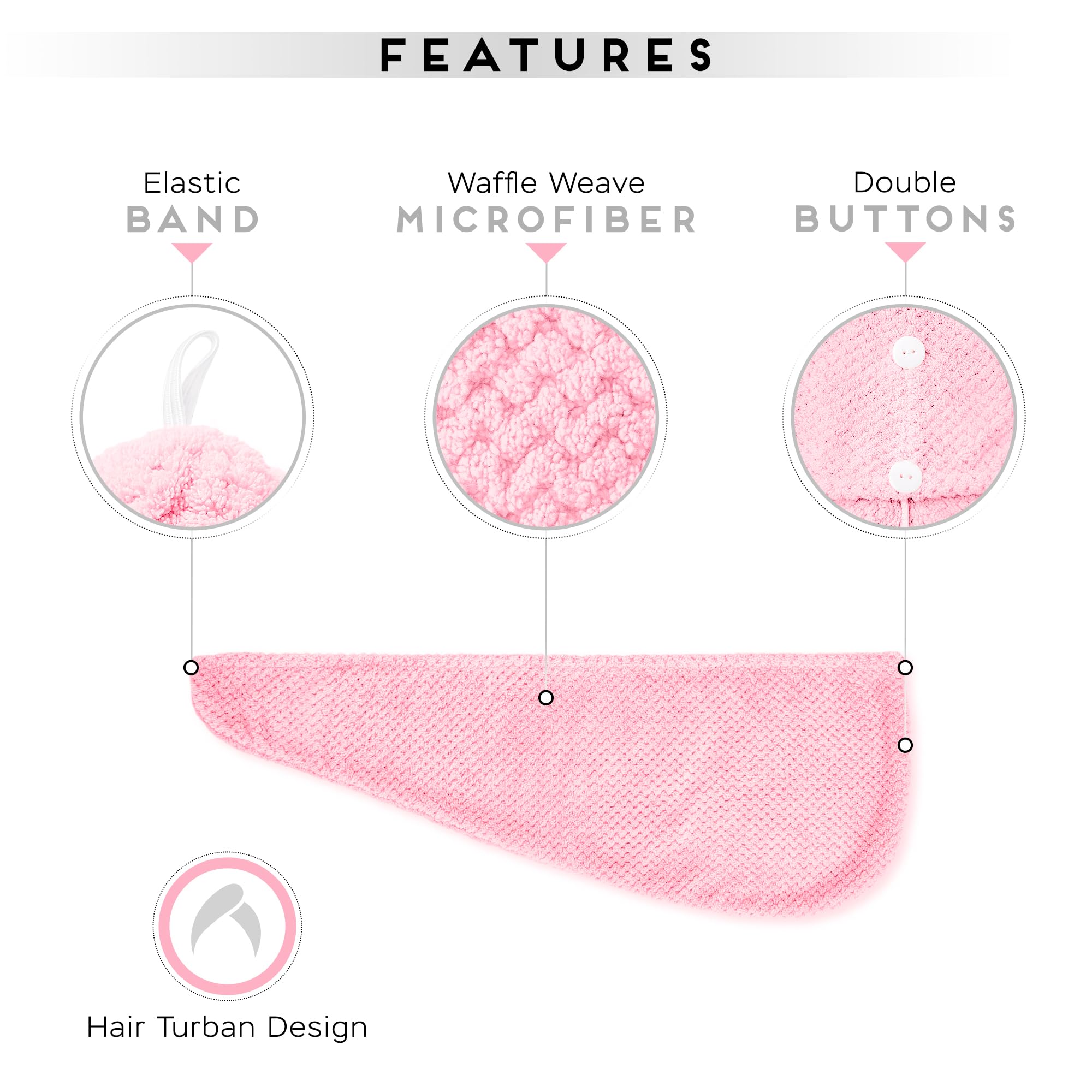 Microfiber Hair Towel for All Hair Style, 2 Pack Quick Drying Hair Turban - Perfect for Women, Men and Kids (Pink)