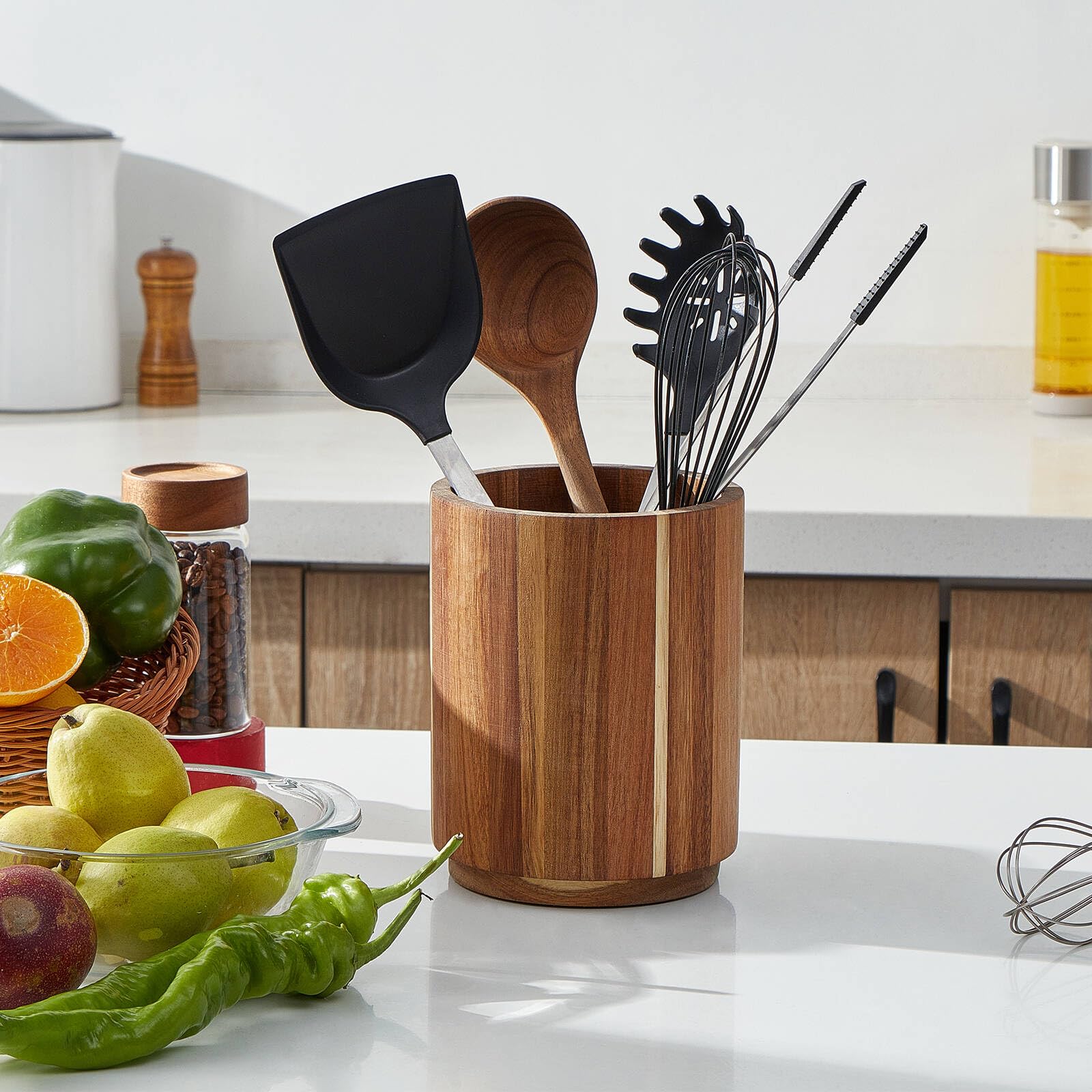 Lohoner Acacia Wood Utensil Holder For Kitchen Counter, 360 Rotating 7.2'' Large Cooking Utensil Holder, Kitchen Utensil Storage